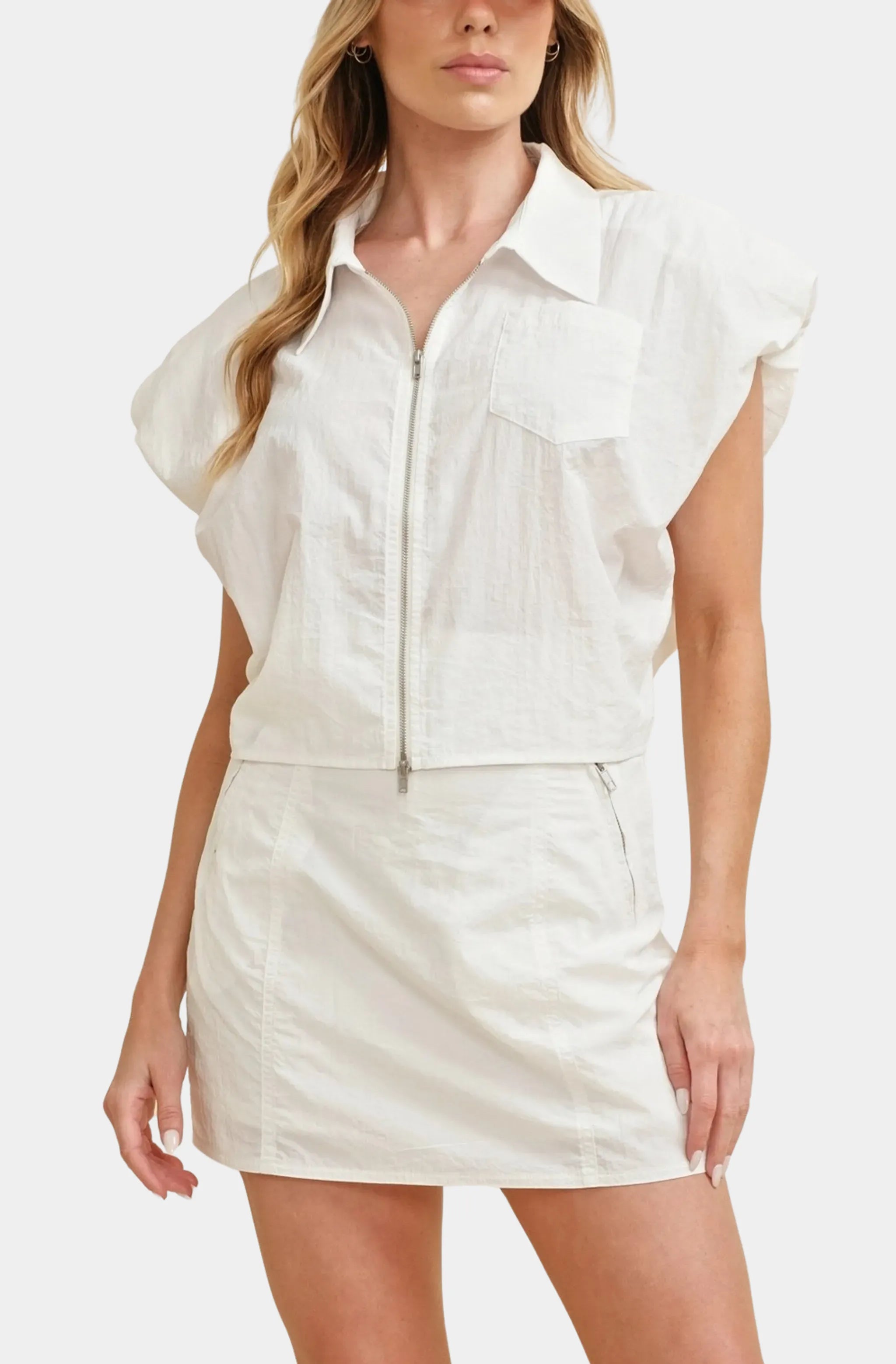 White Nanette Top with zip front and matching skort