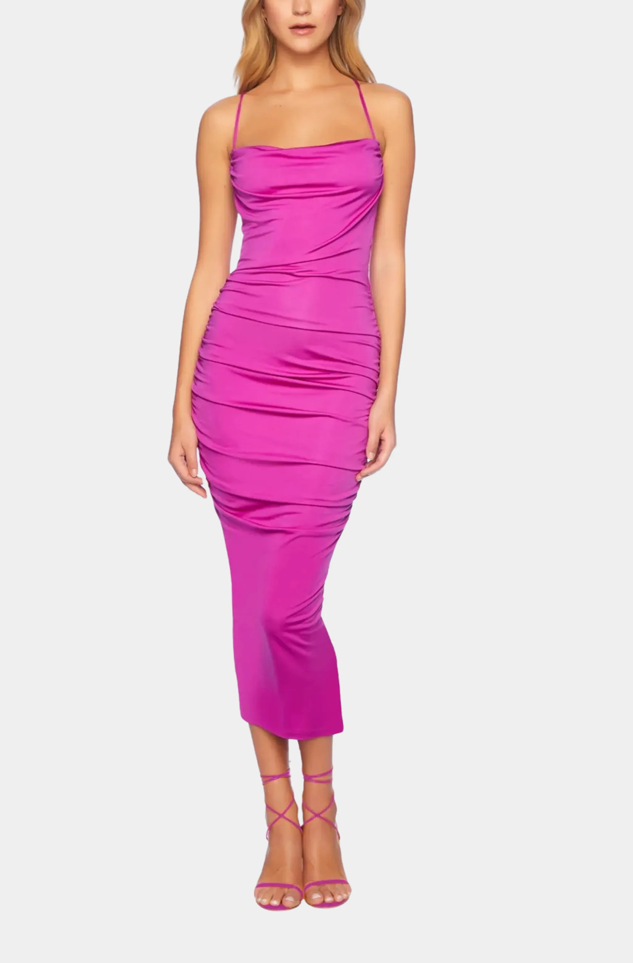 Pink viscose solid cowl string dress, front view
