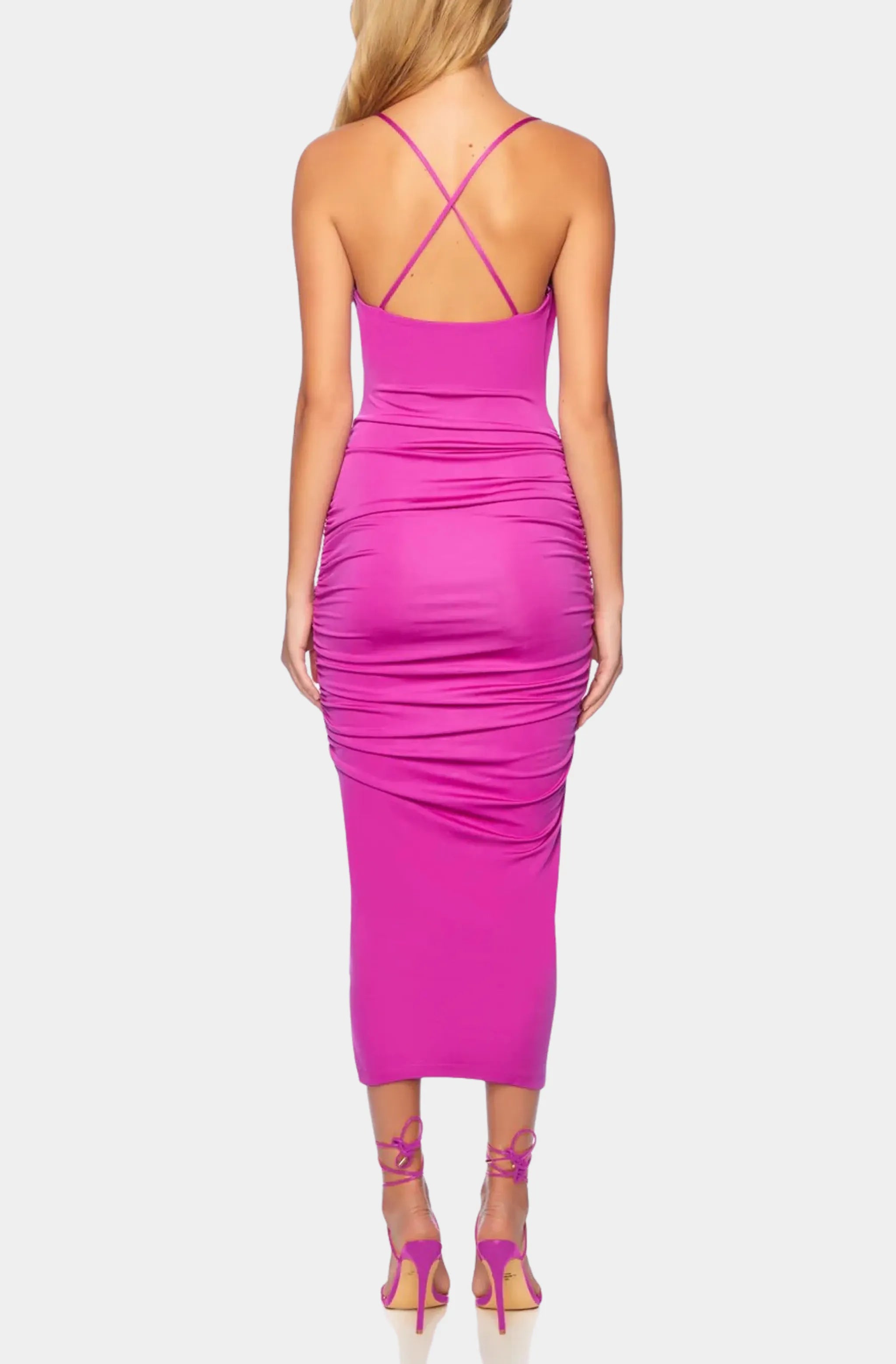 Pink viscose solid cowl string dress, back view