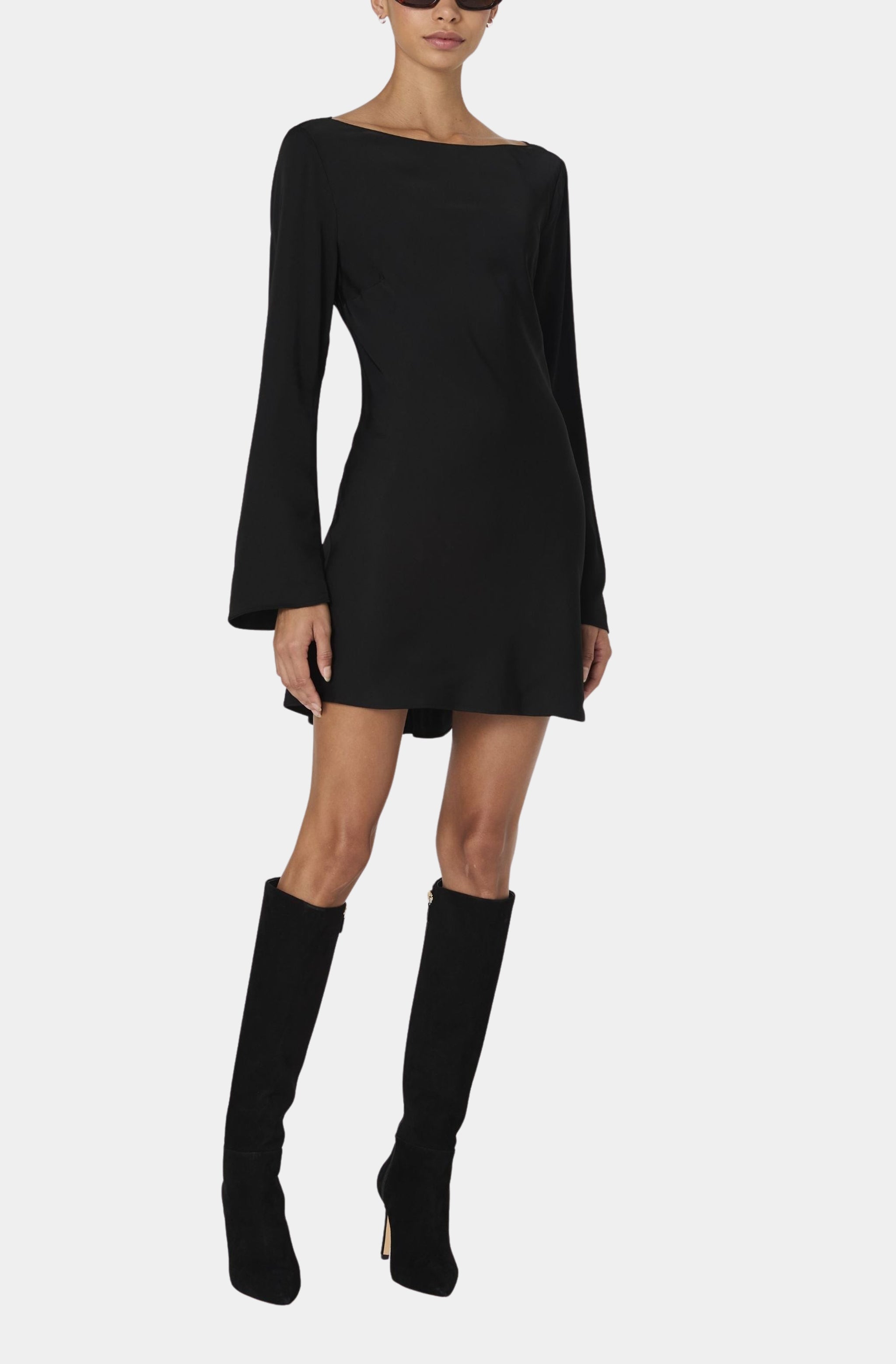 Black satin longsleeve mini dress front view