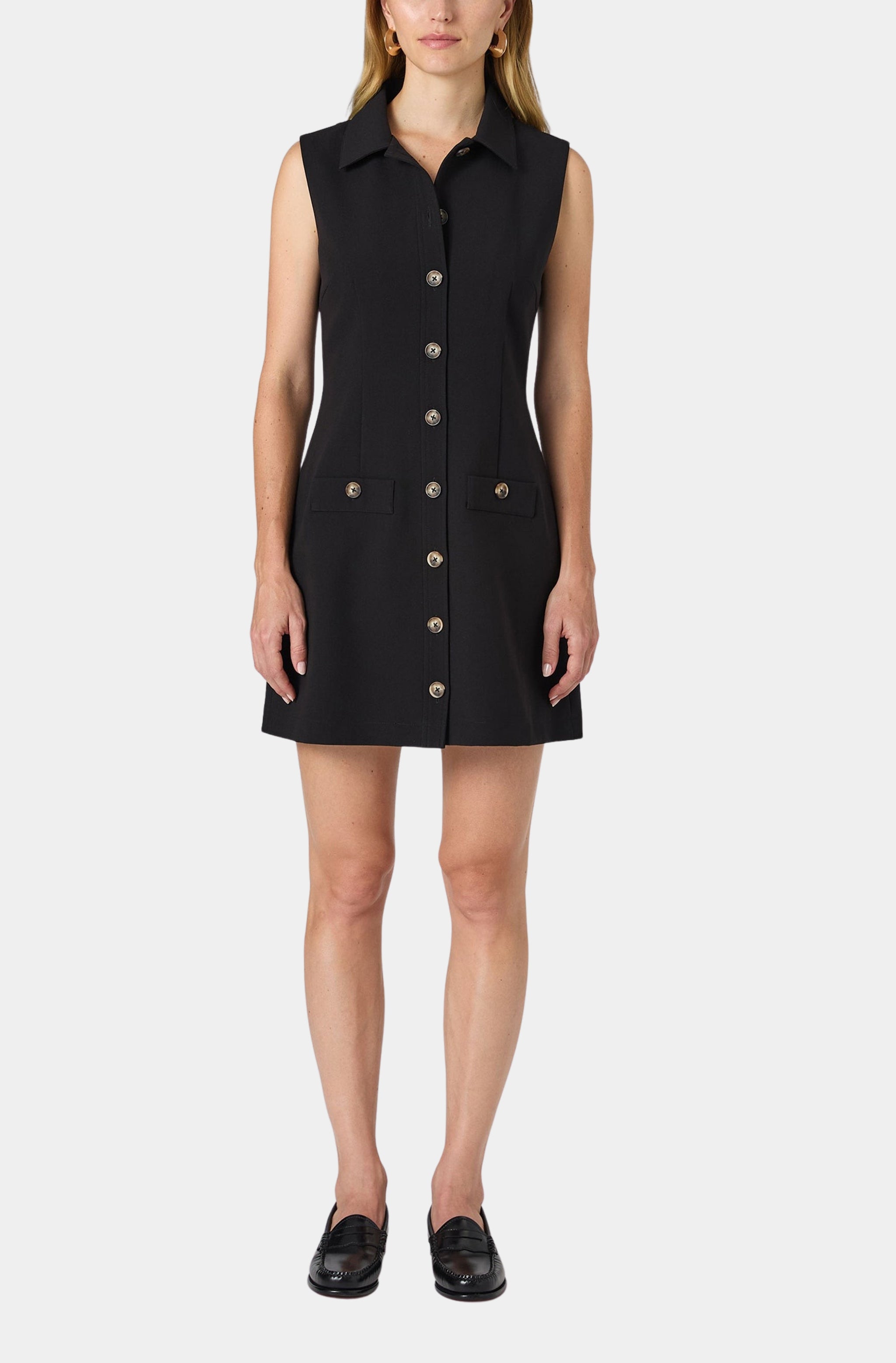 Black twill sleeveless button down dress, front view