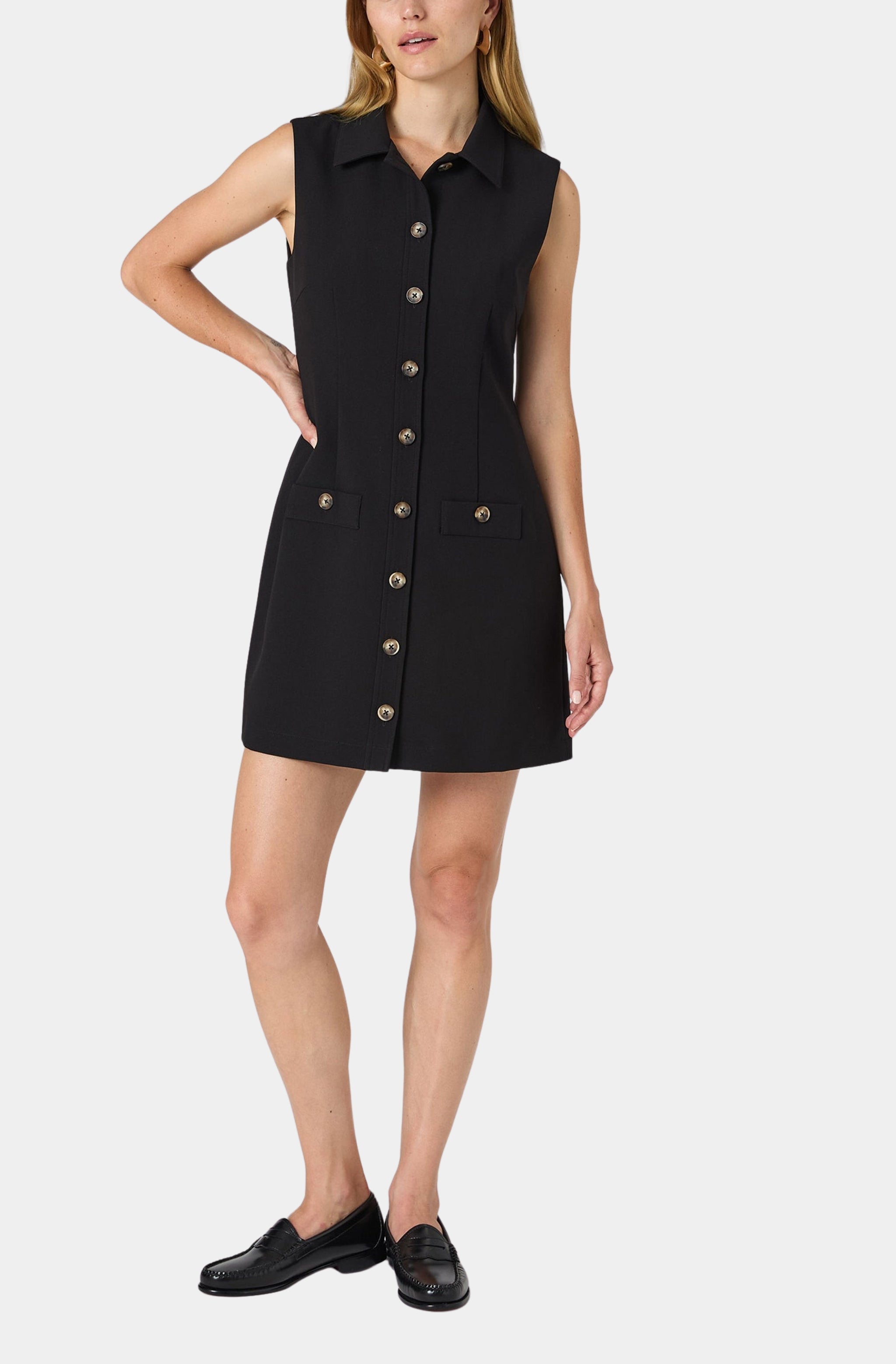 Black twill sleeveless button down dress, front view