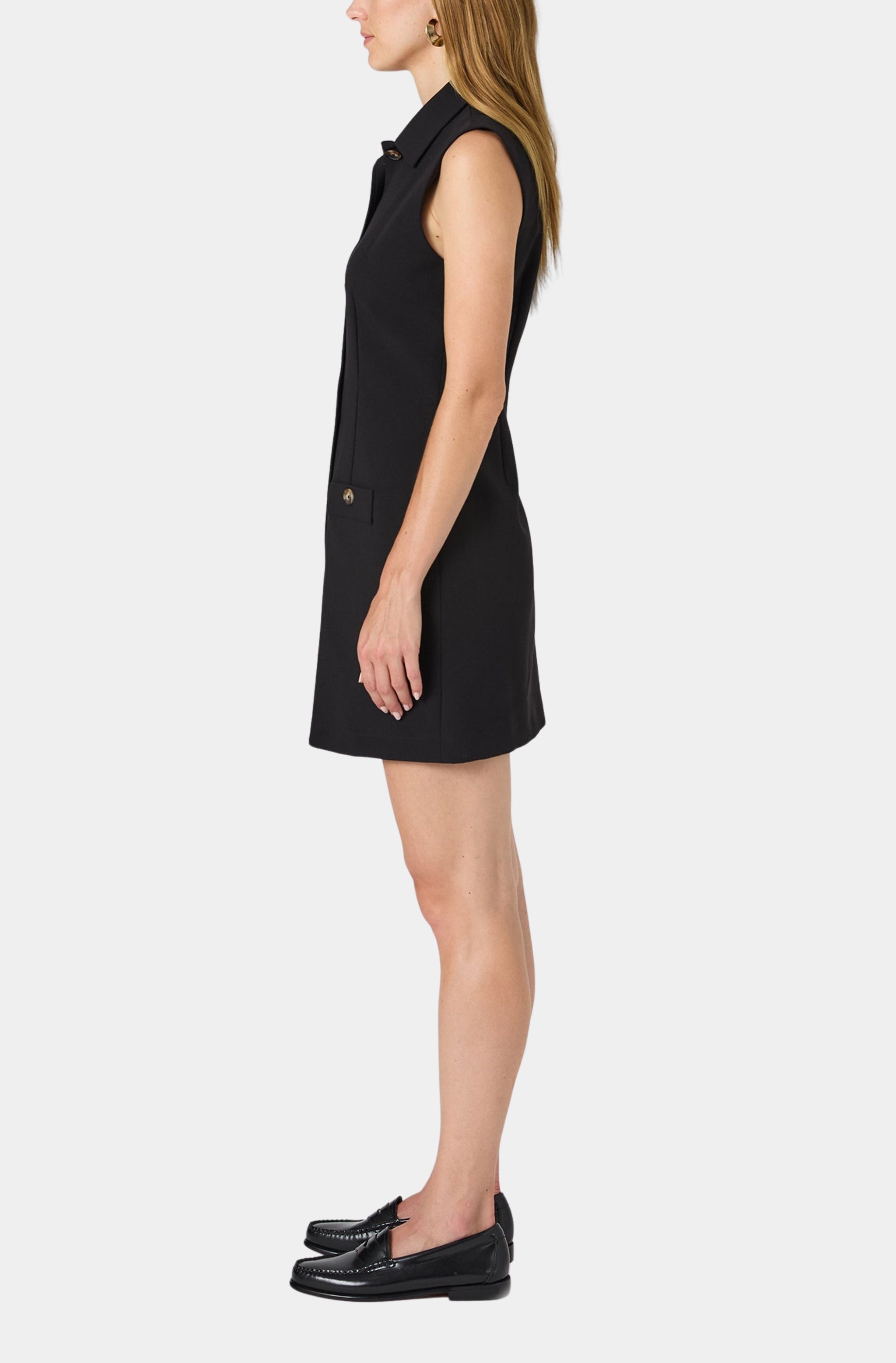 Black twill sleeveless button down dress, side view