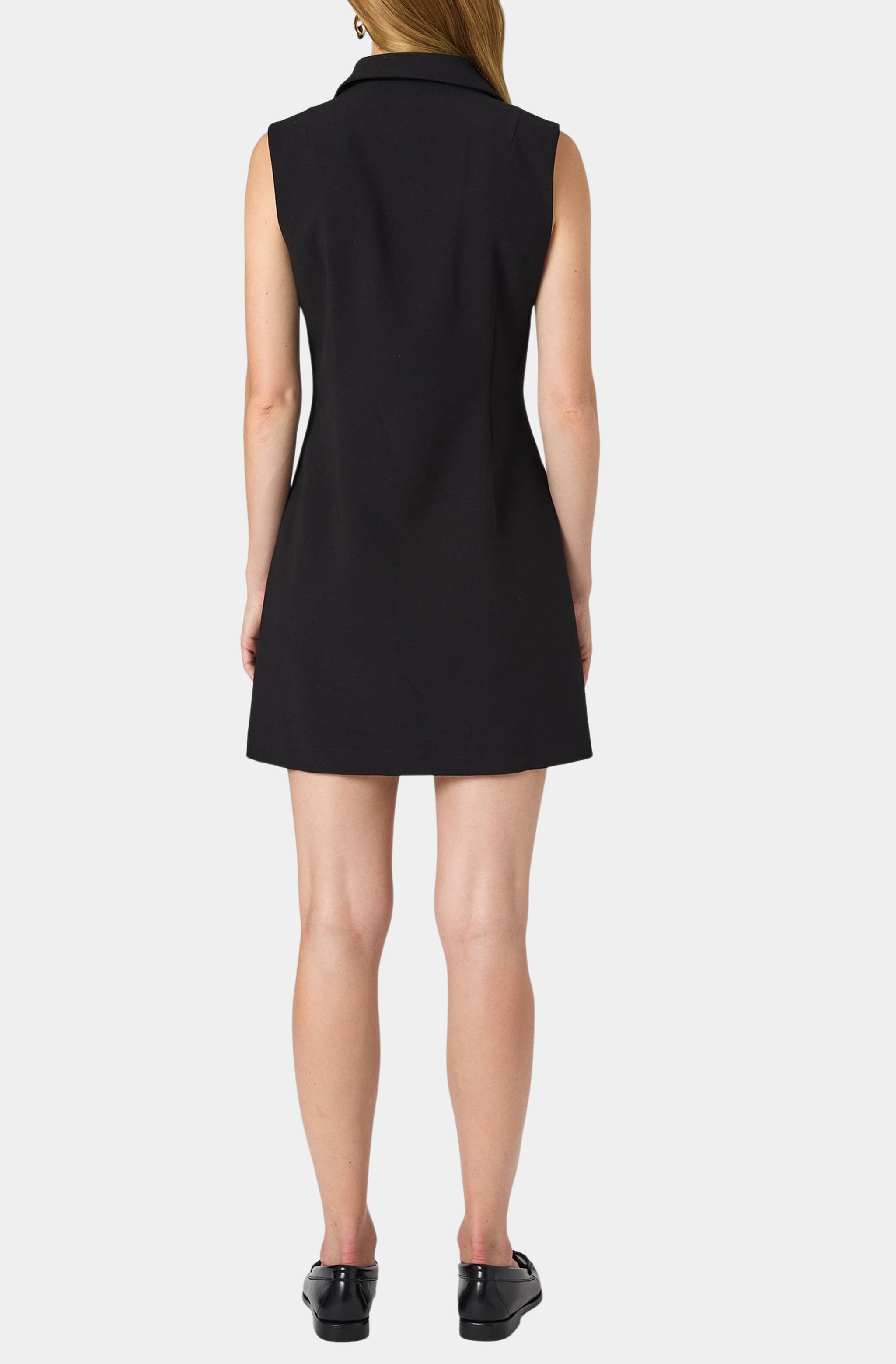 Black twill sleeveless button down dress, back view