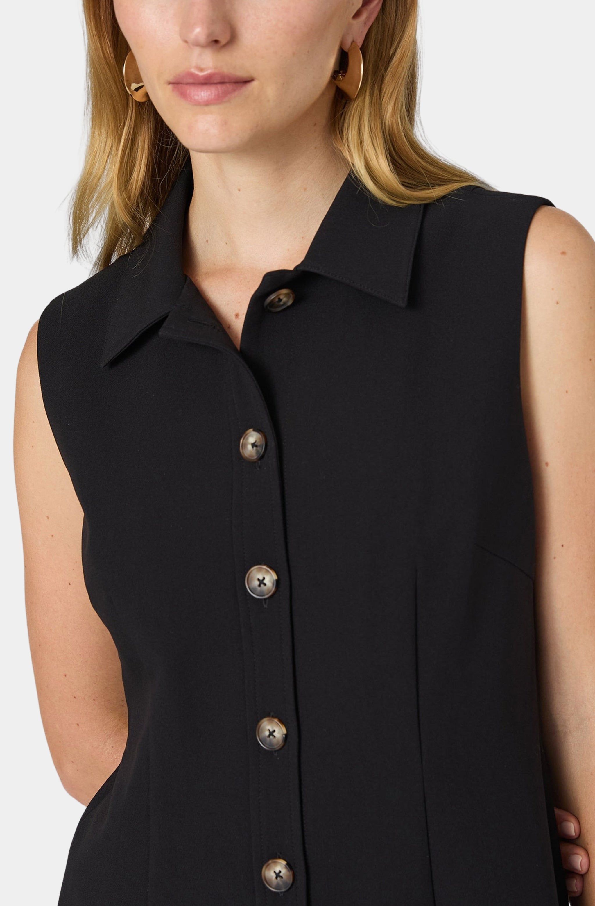 Close-up of black twill dress collar and buttons