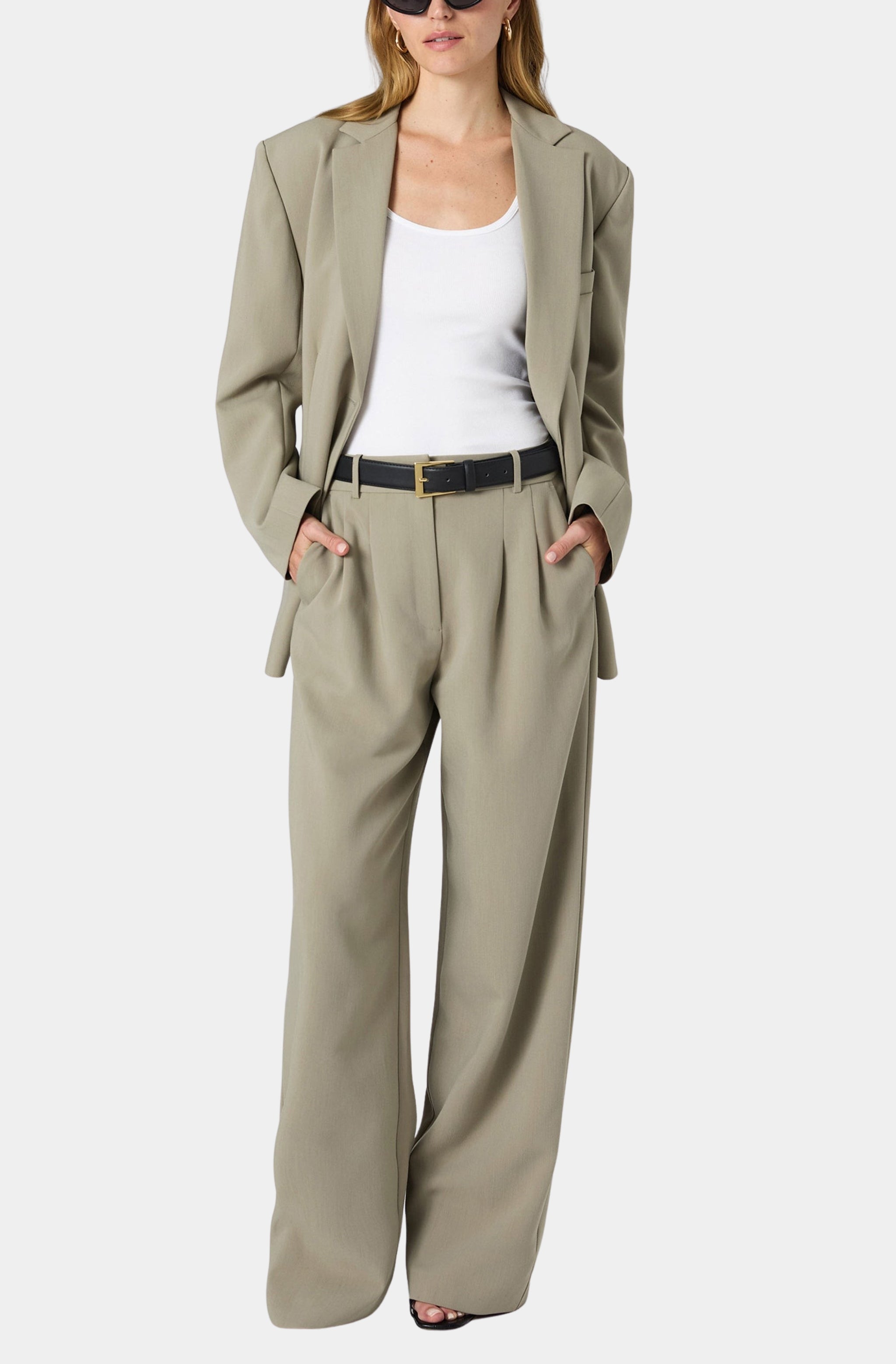 Azra Twill Blazer styled with a belt and white top