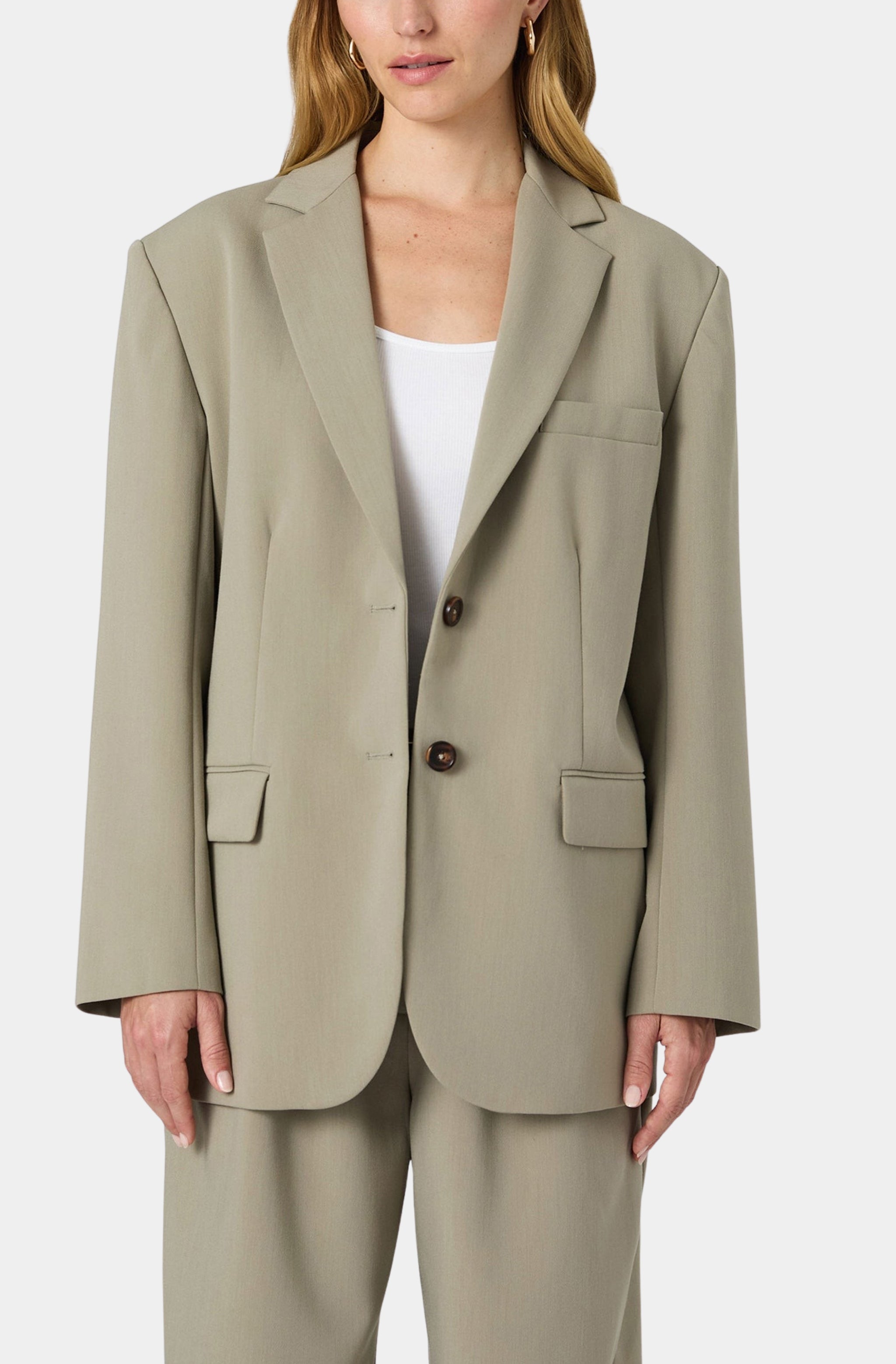 Front view of Azra Twill Blazer with button details