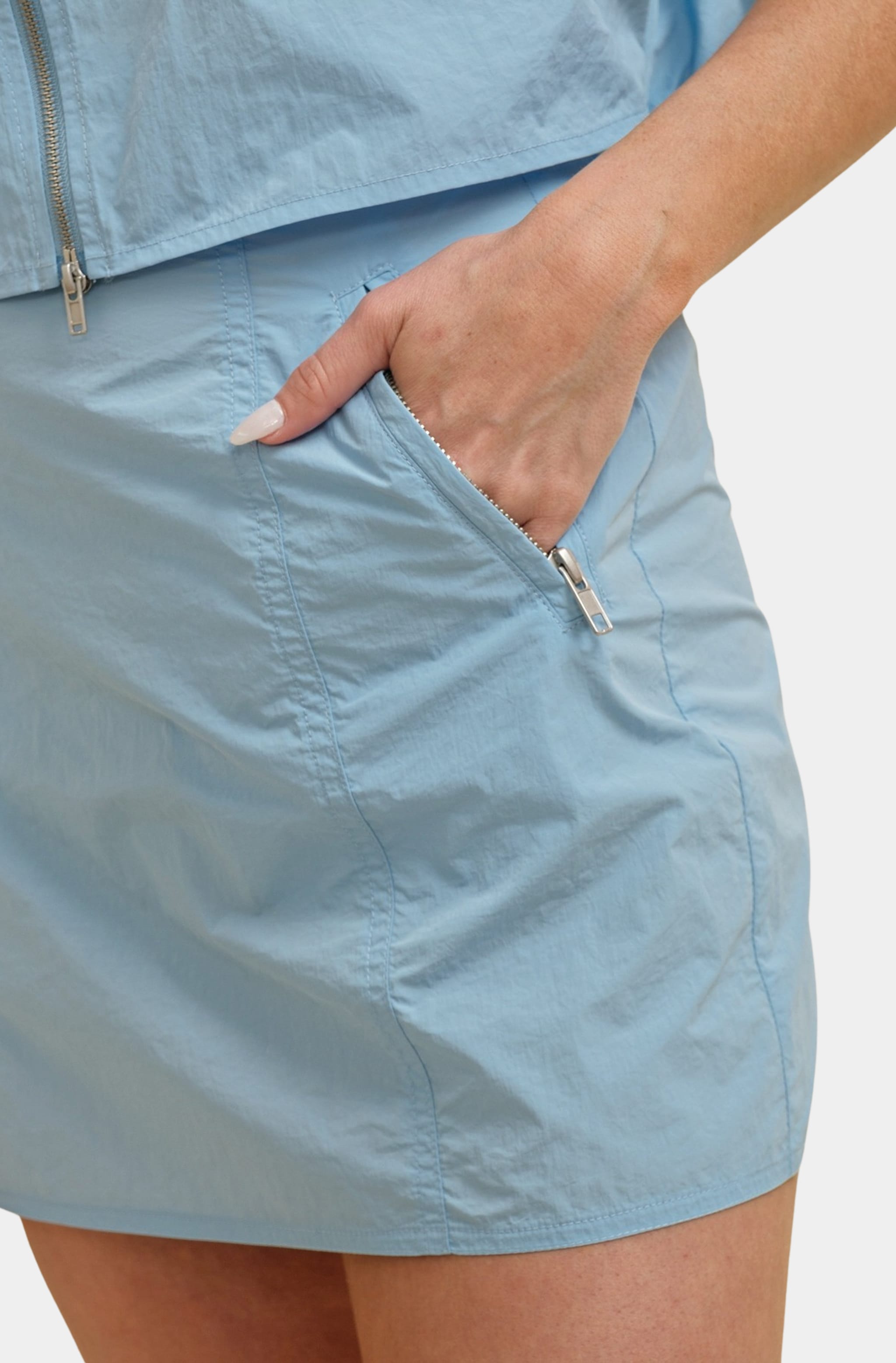Close-up of blue Nanette Skirt zip pocket