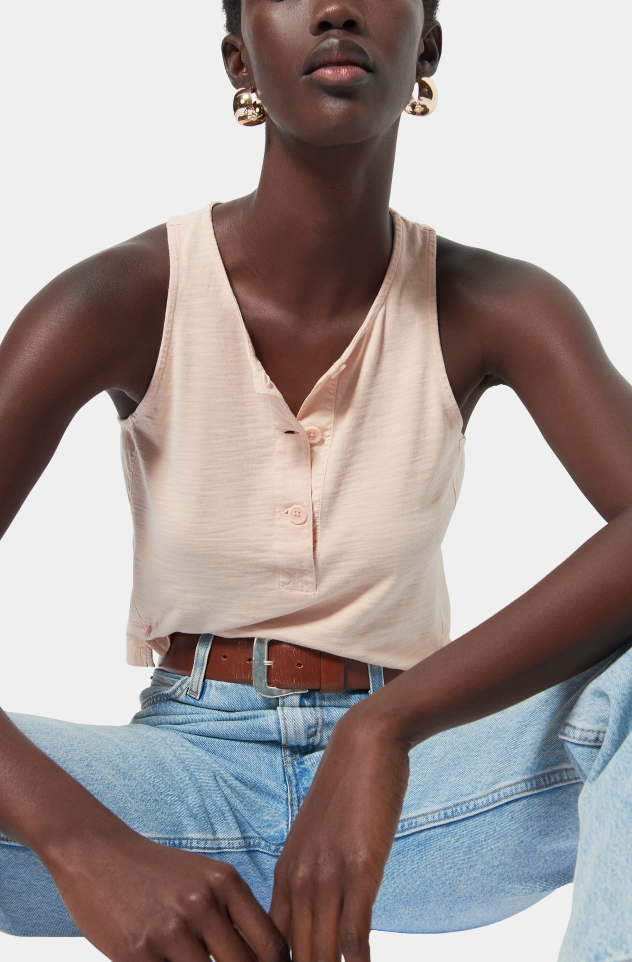 Bree Tank with contrast inset, seated pose, light color