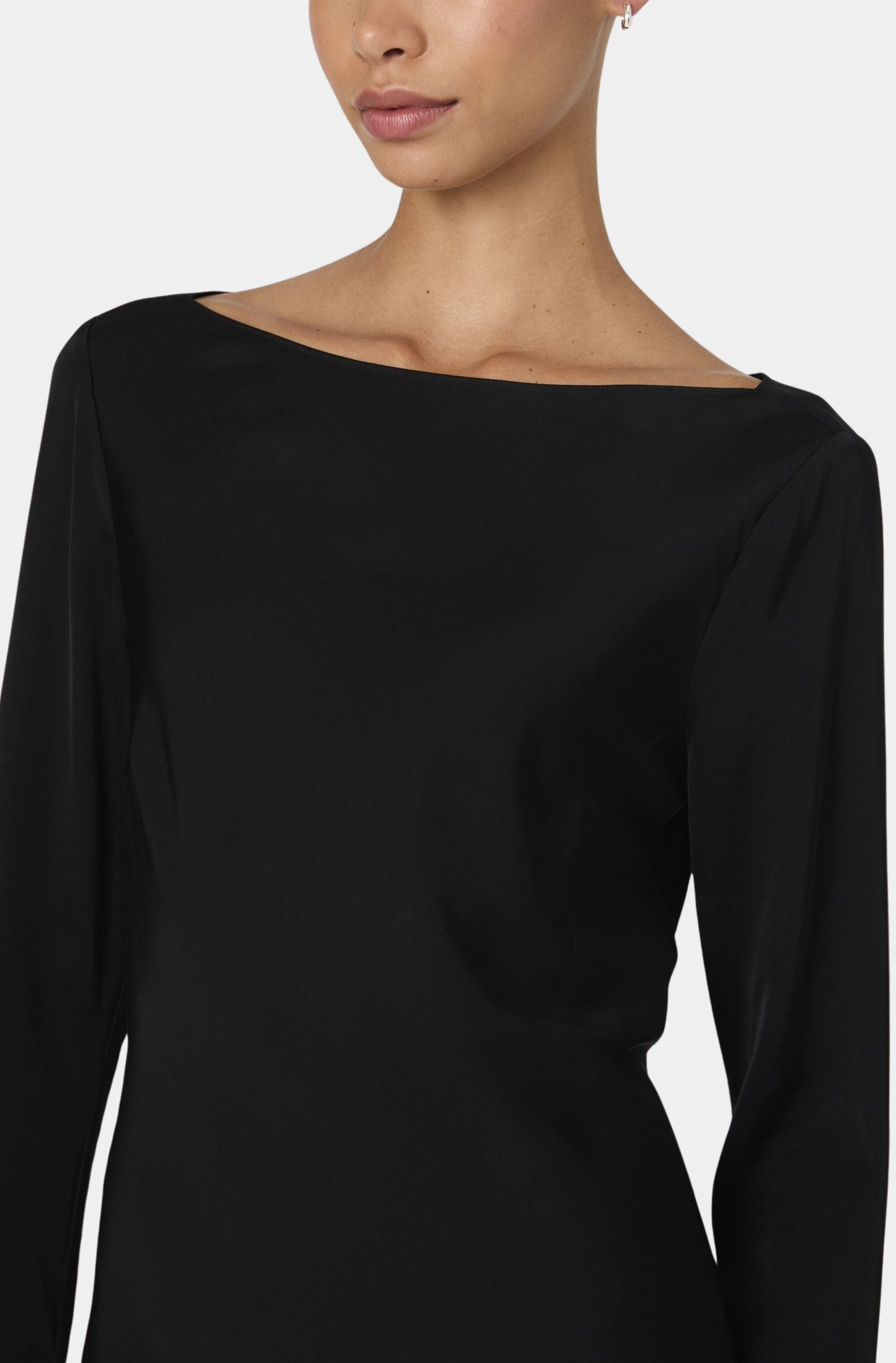 Black satin mini dress neckline detail