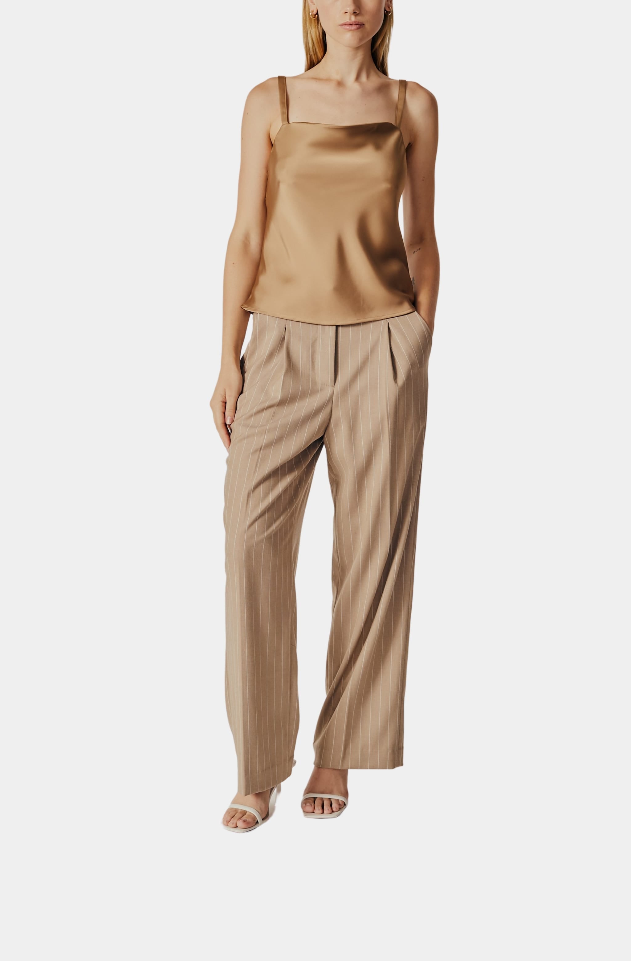 Tan Syringa Top with striped pants, full outfit