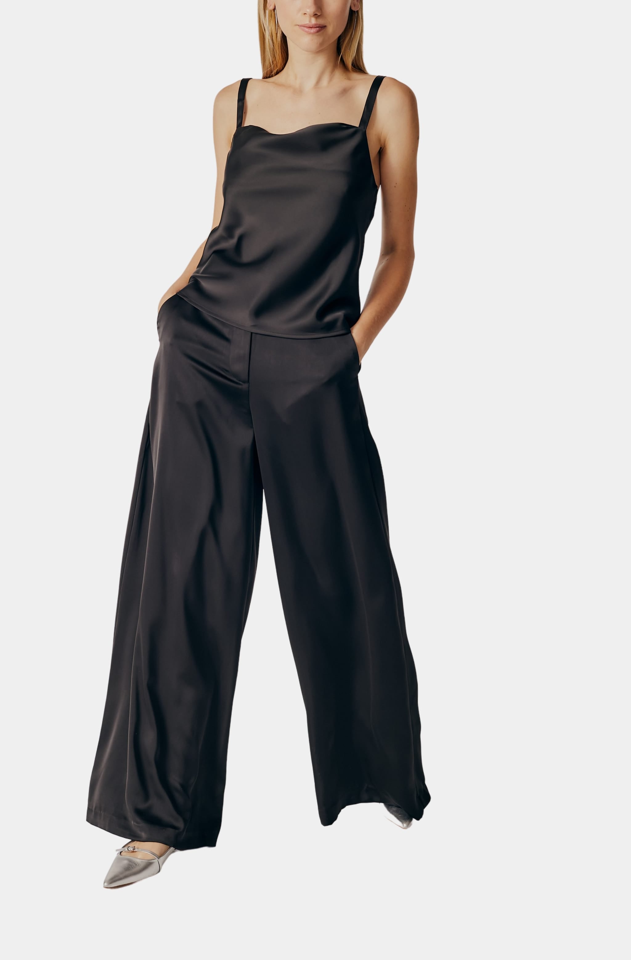 Full outfit with black Syringa Top and wide-leg pants