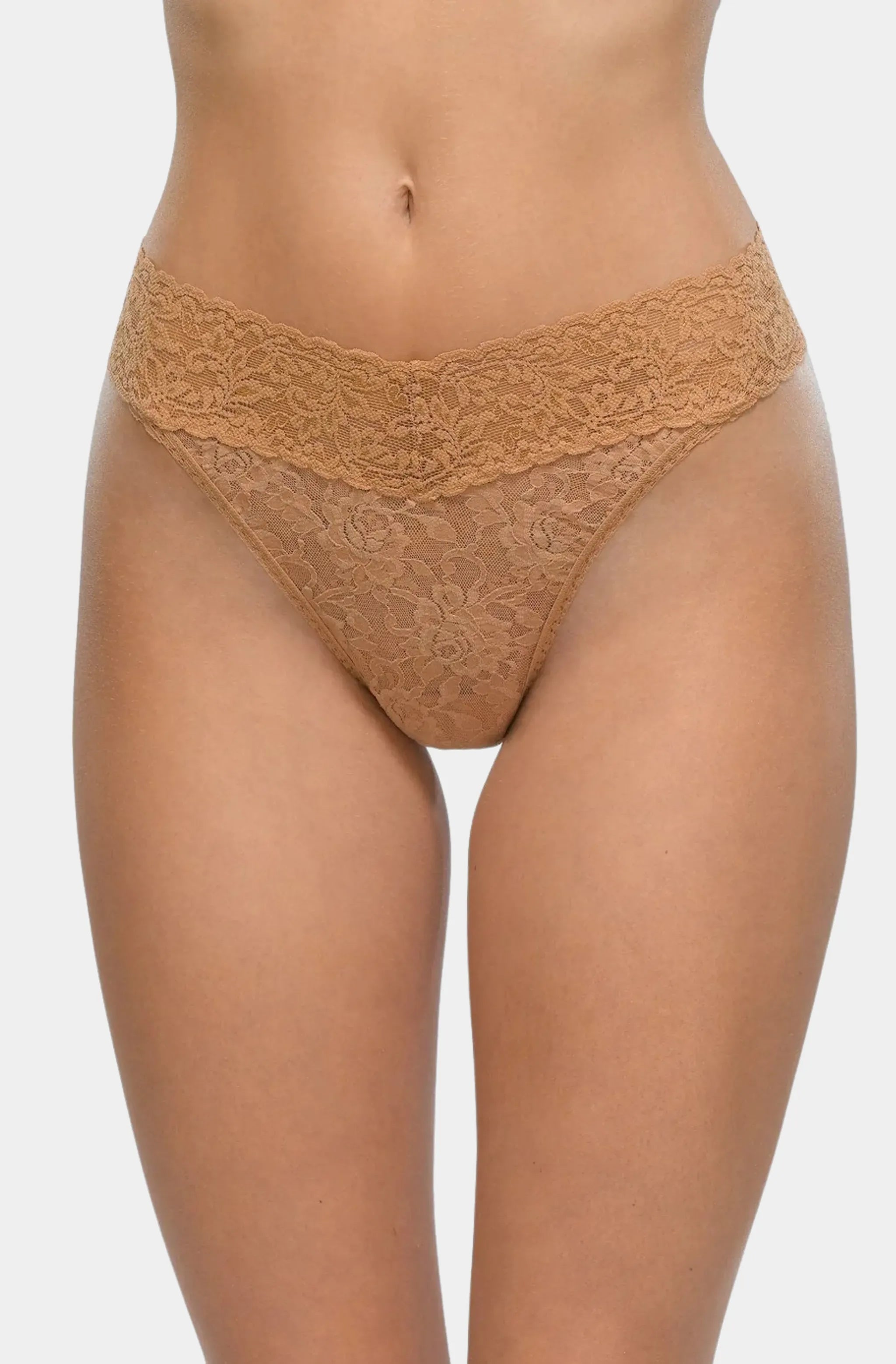 Beige Signature Lace Original Rise Thong front view
