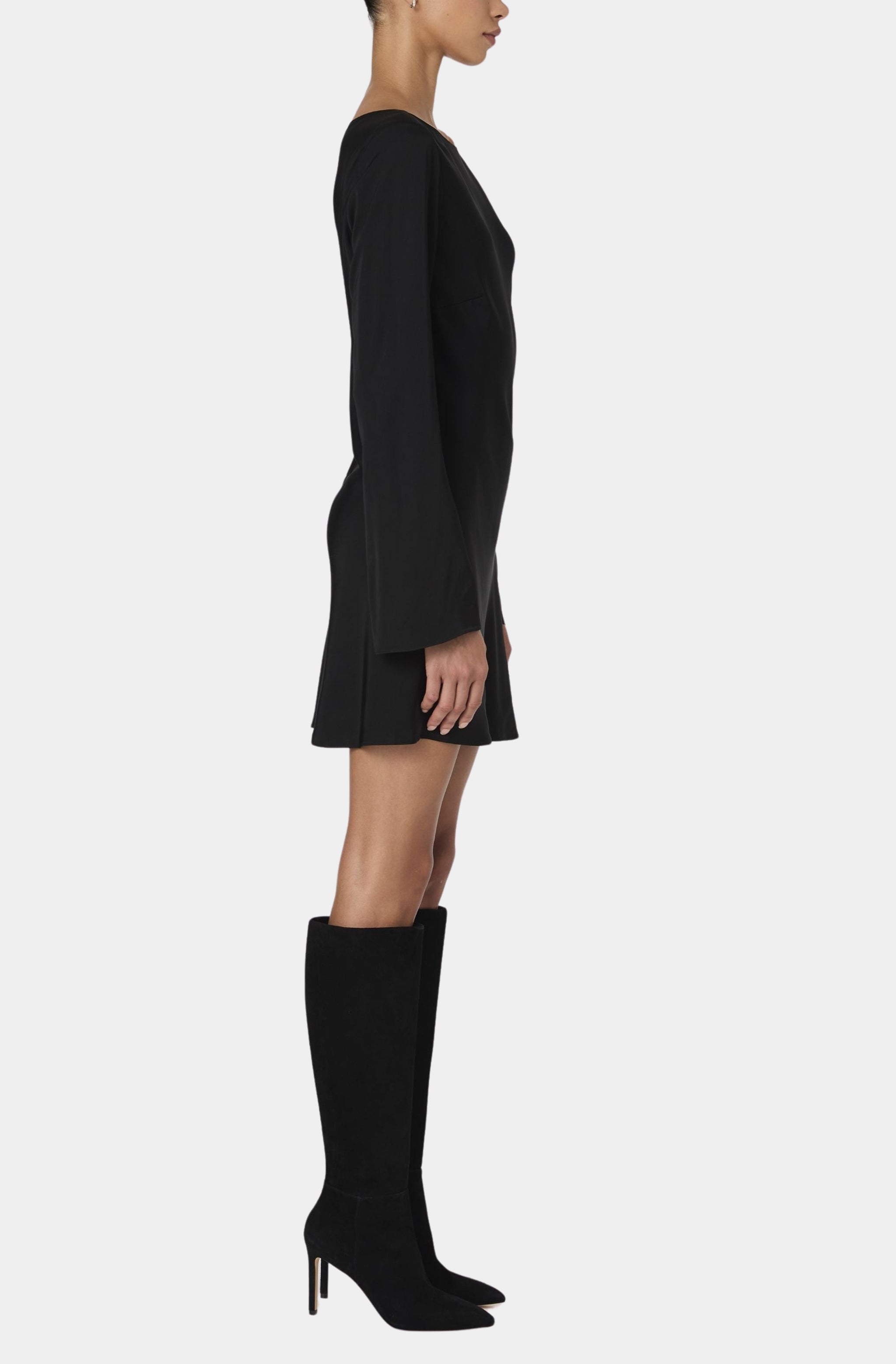 Side view of black satin longsleeve mini dress