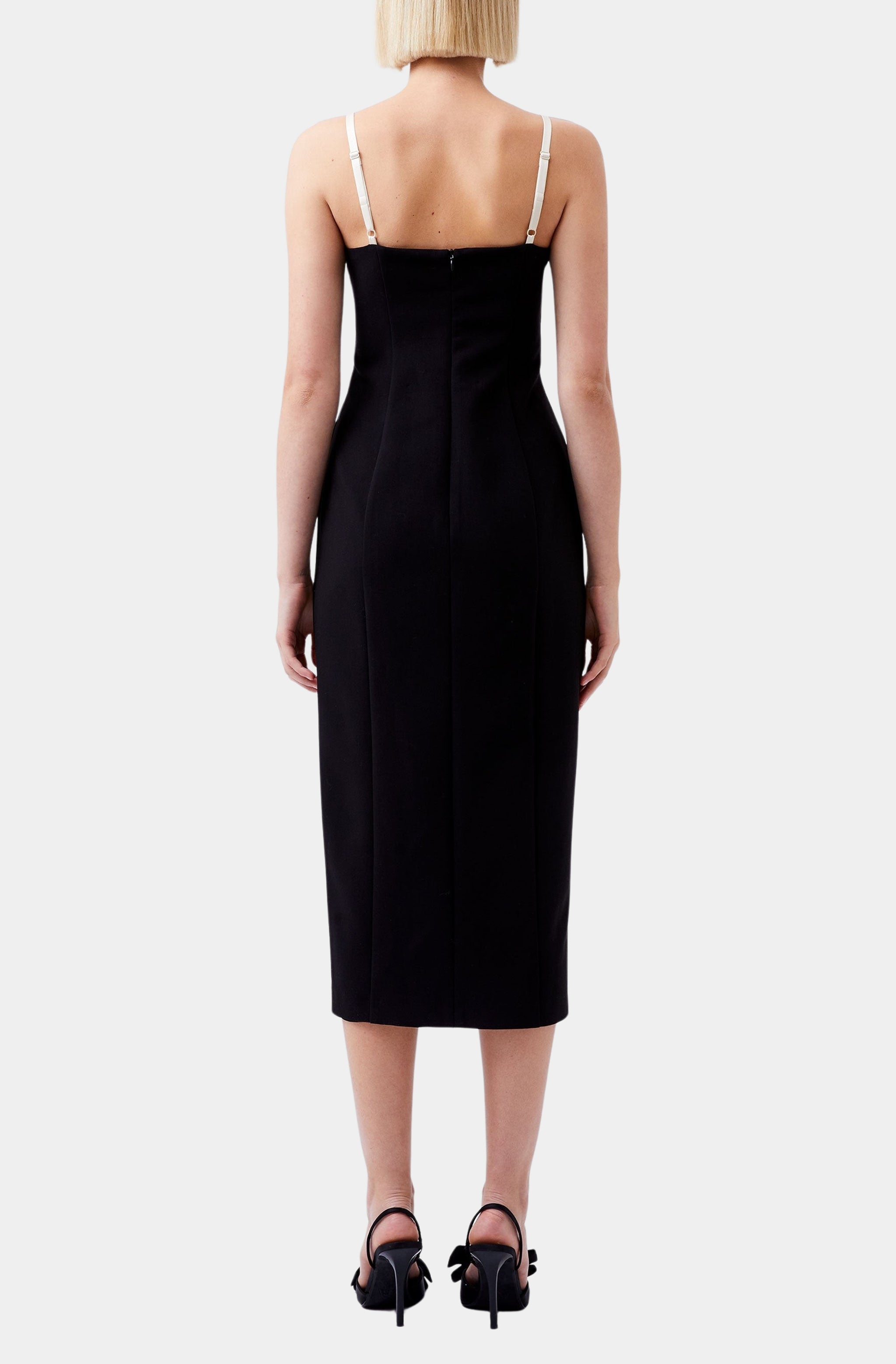 Back view of Azra Twill Corset Midi Dress with strappy design