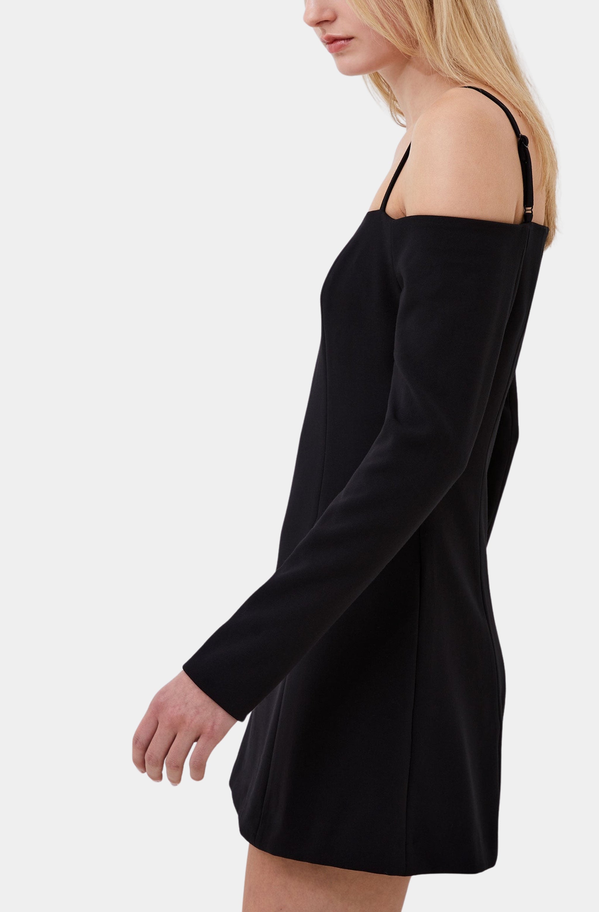 Elegant off the shoulder dress, side profile