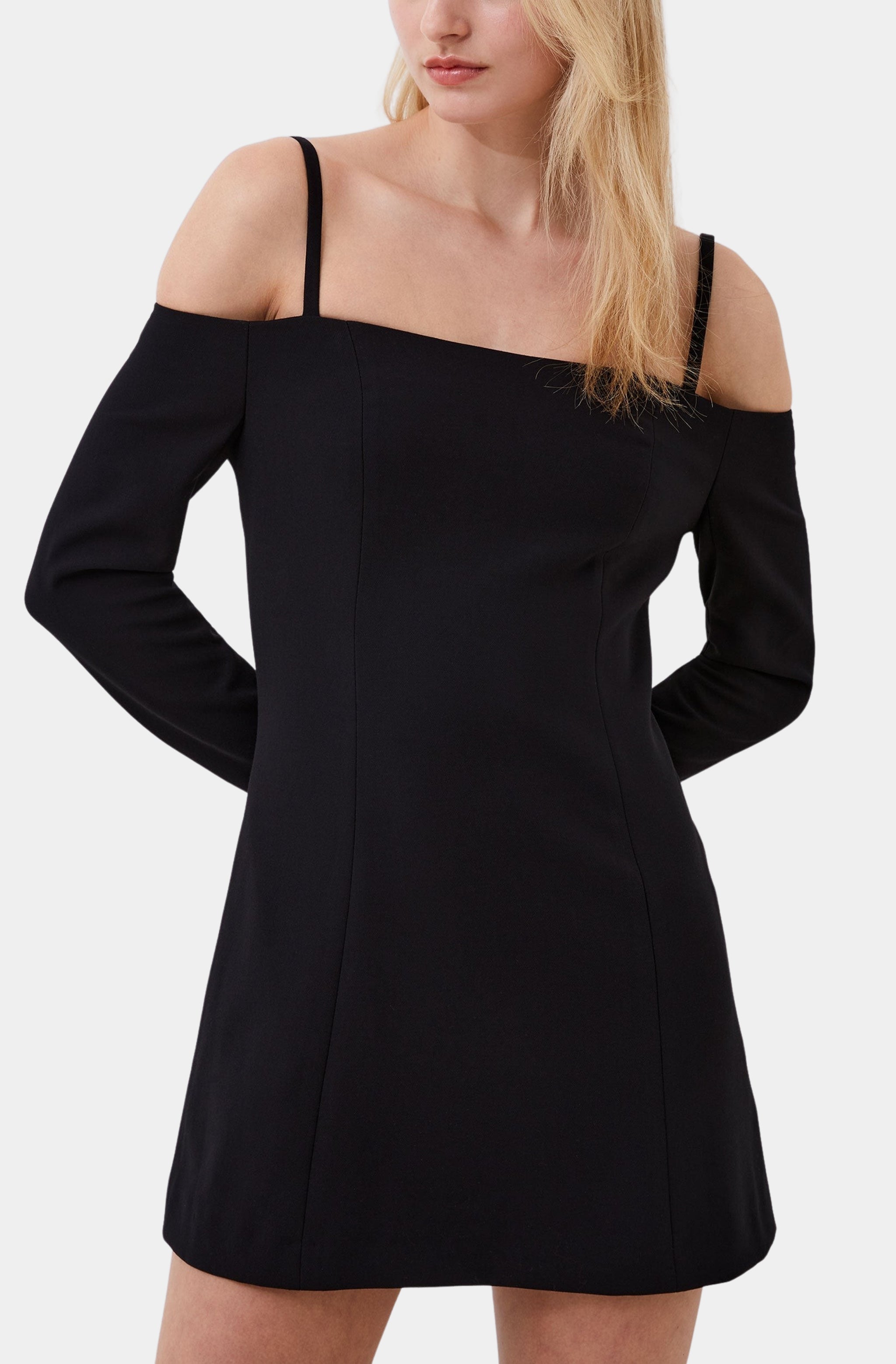 Chic off the shoulder dress with long sleeves, front view