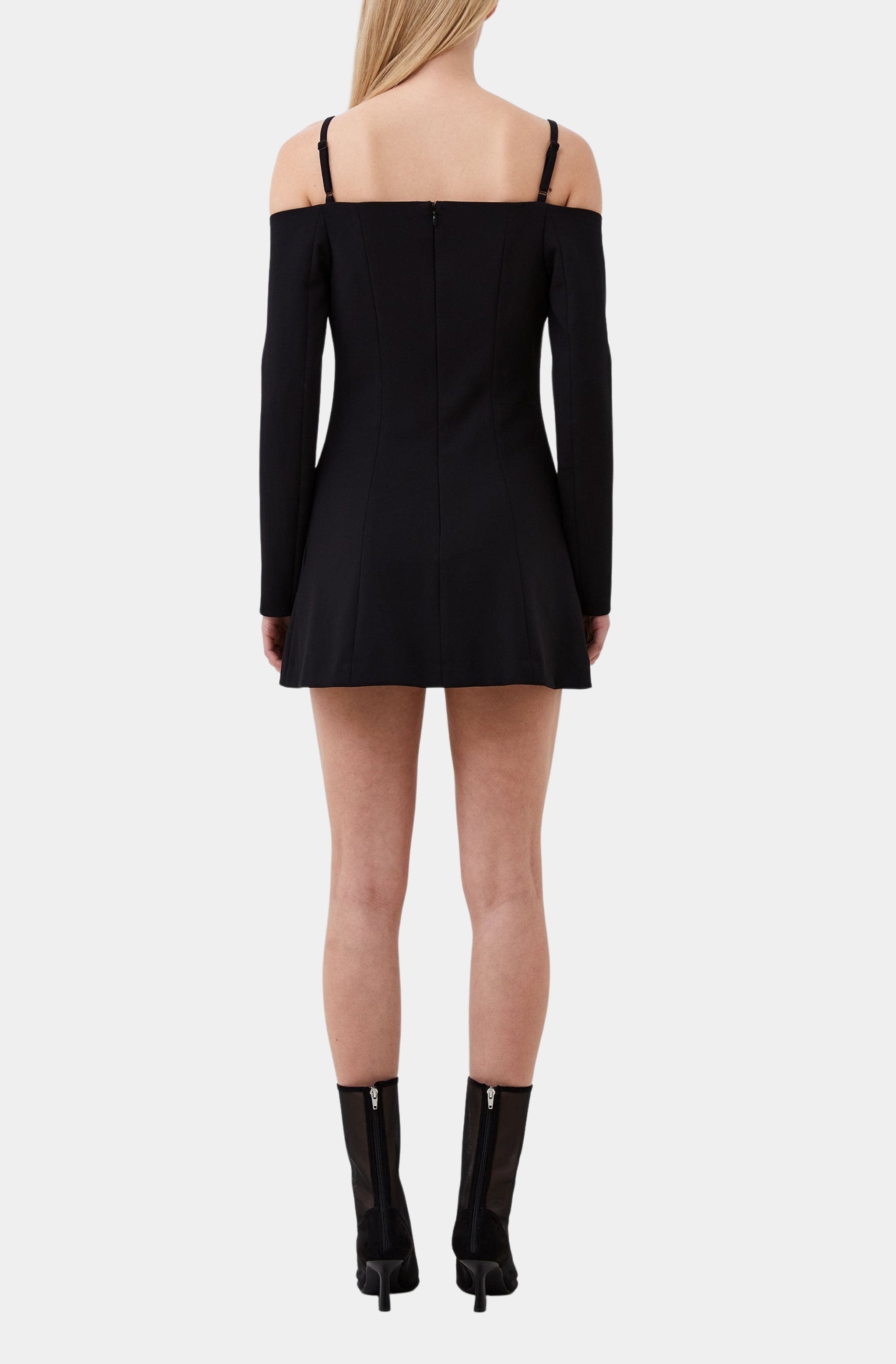 Off the shoulder dress with long sleeves, back view