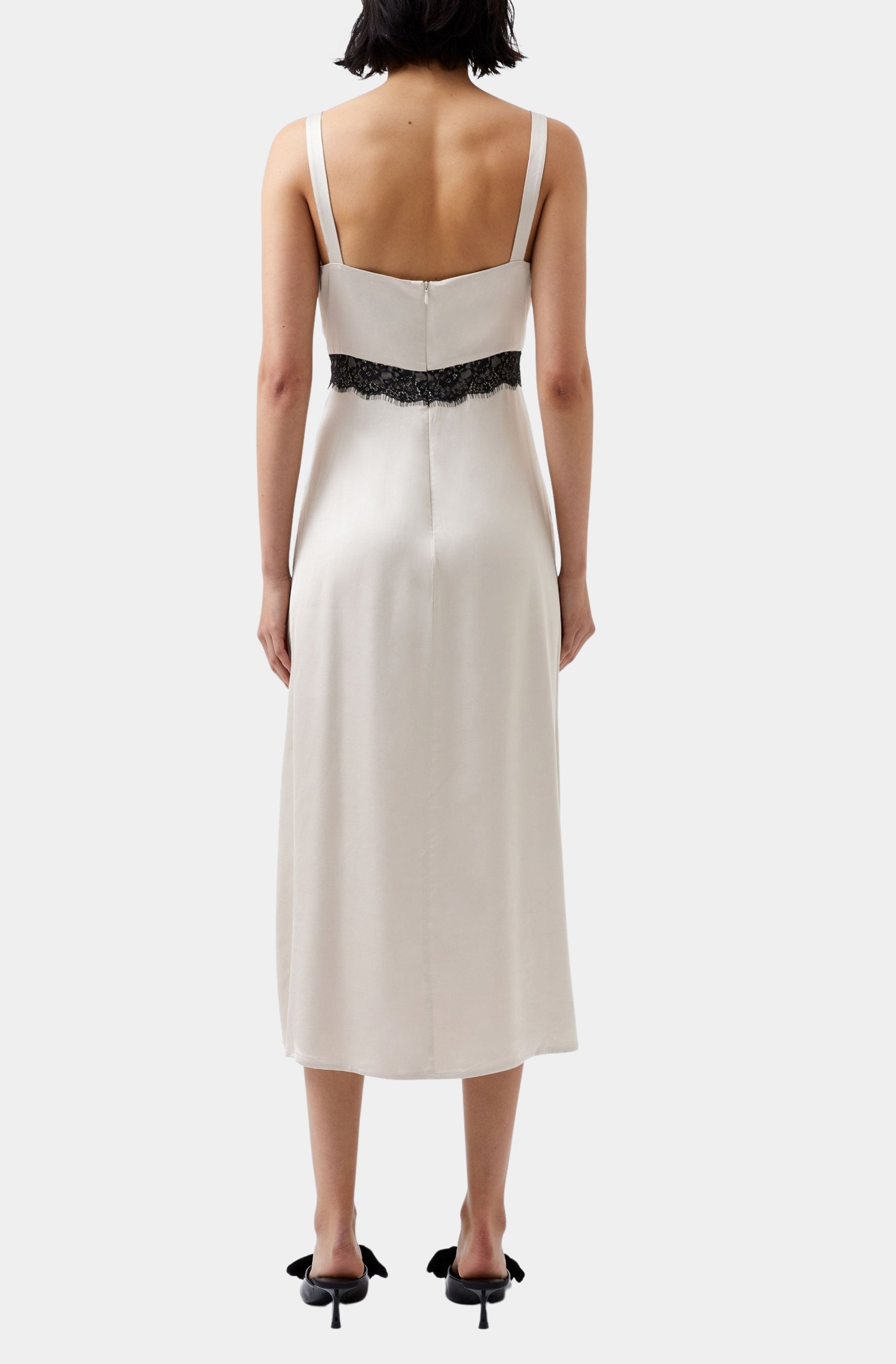 Back view of Ennis Satin Lace Dress with black lace band