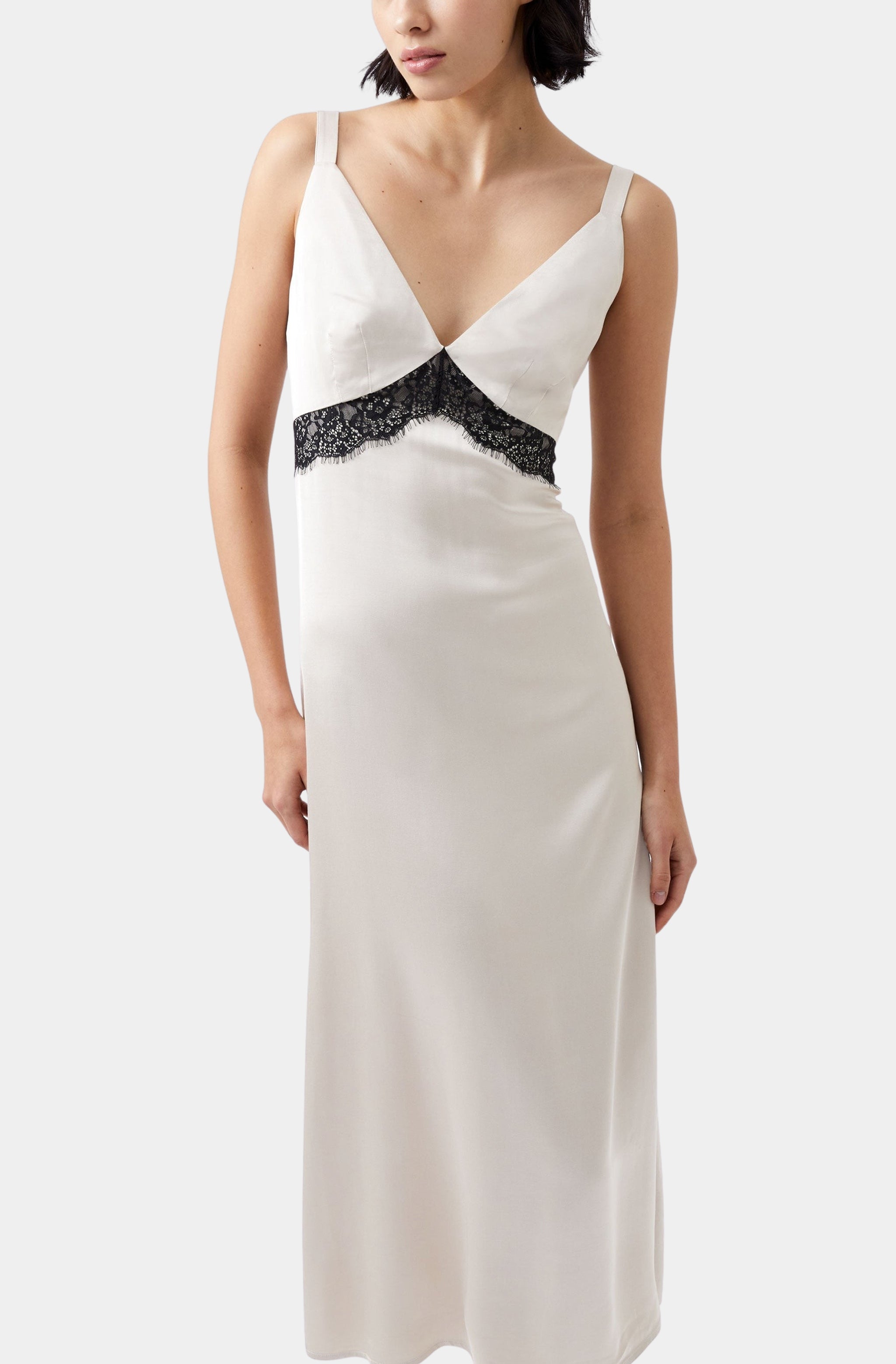 Front view of Ennis Satin Lace Dress with elegant design
