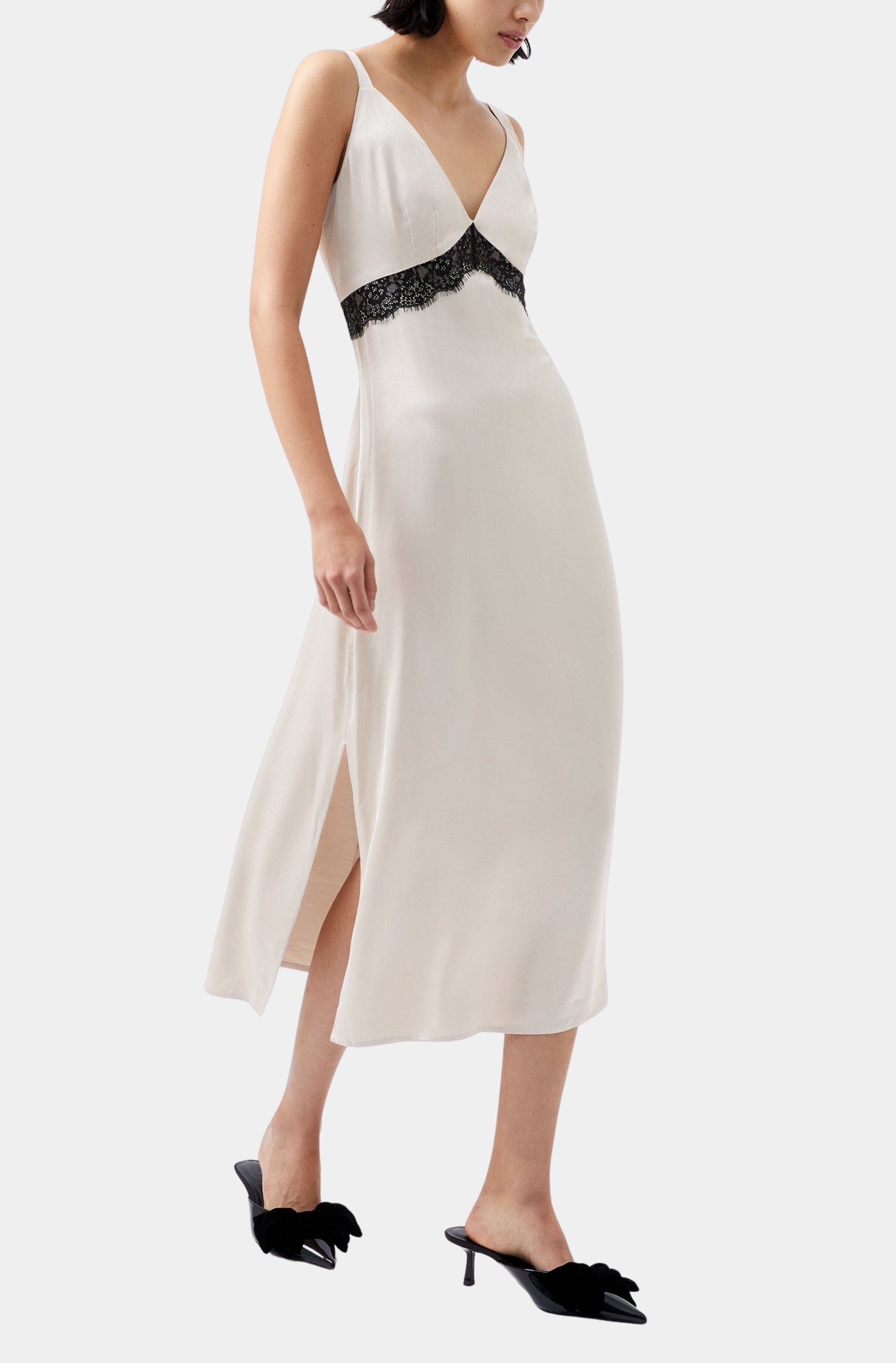 Ennis Satin Lace Dress with black lace detail, side view