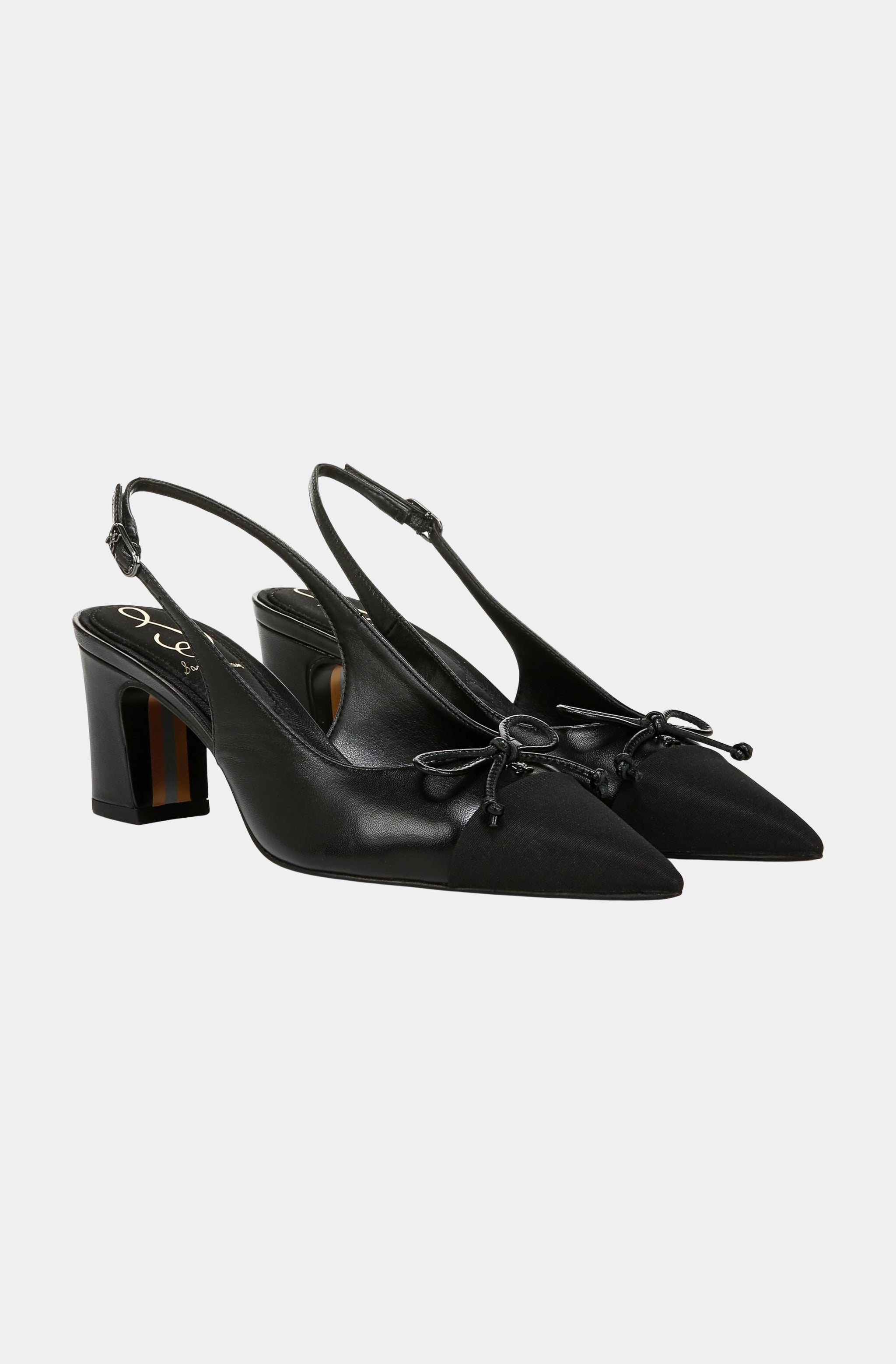 Black slingback block heel with bowtie detail, side view