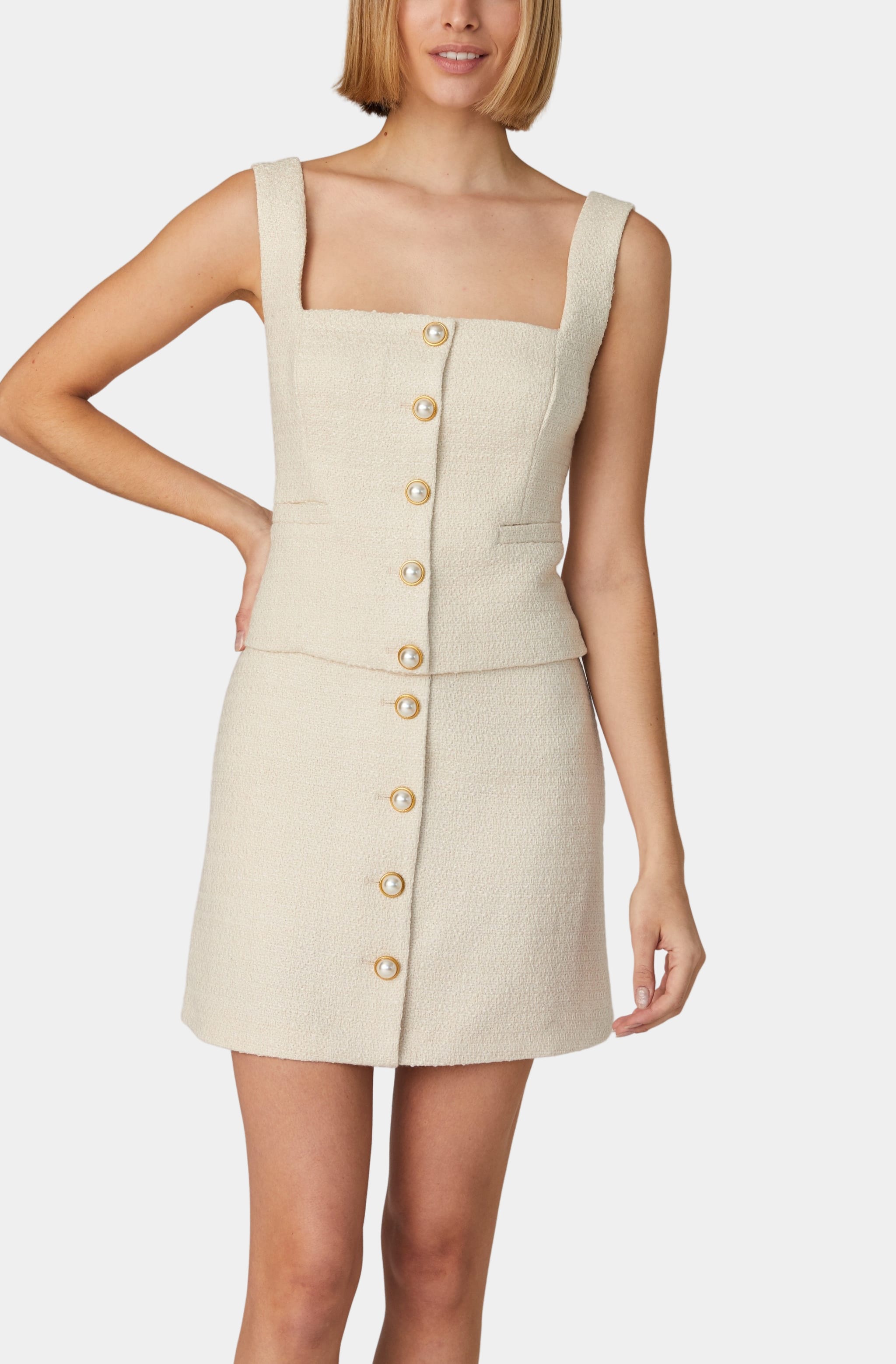 Chic structured woven top and skirt set with button details