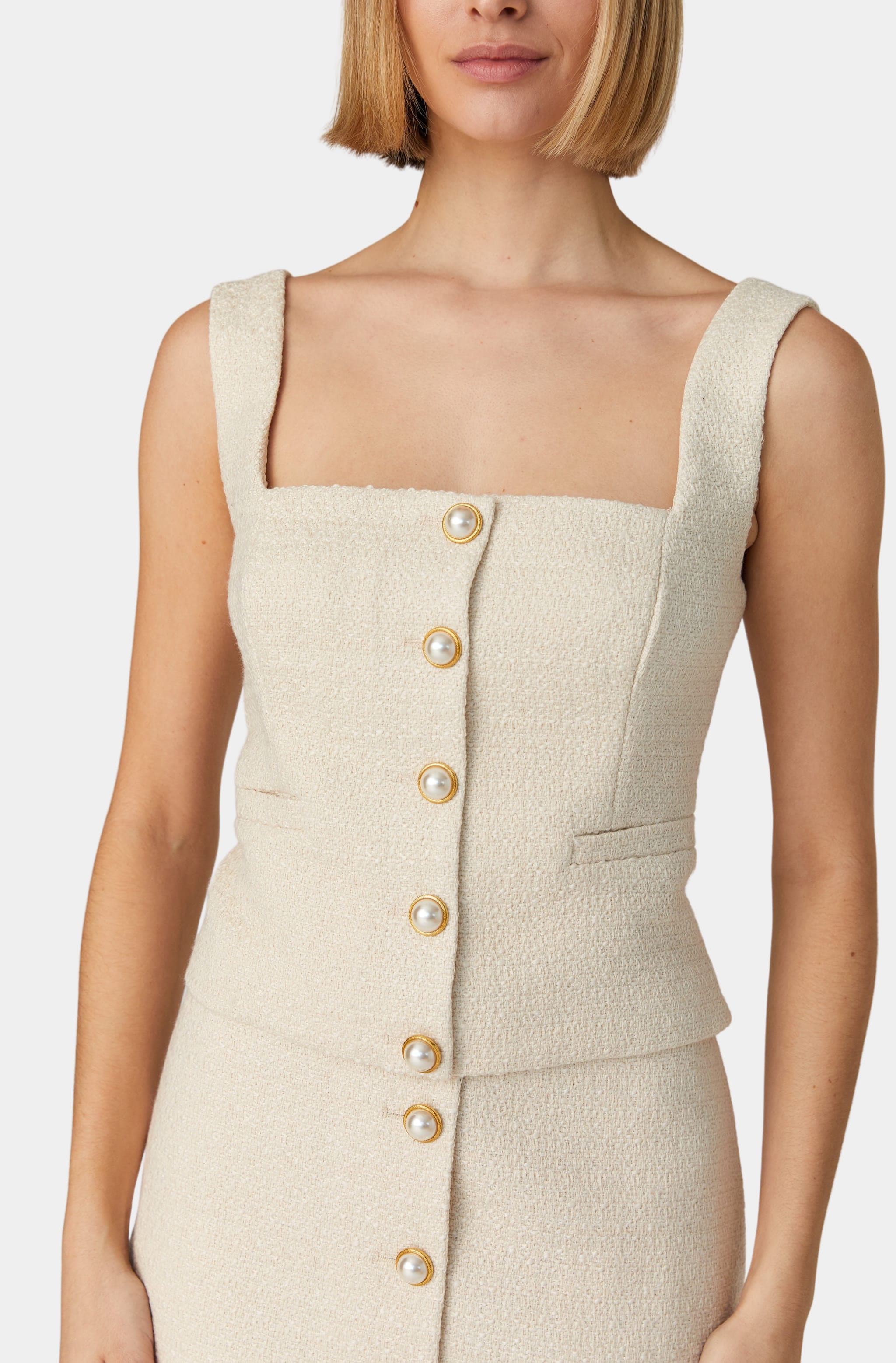 Structured woven button front top with square neckline