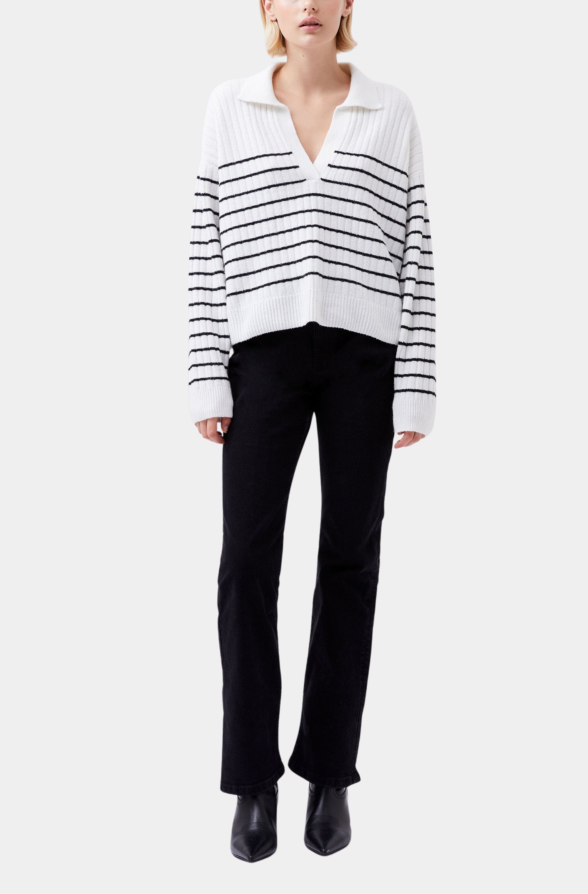 Striped sweater with collar, full outfit view