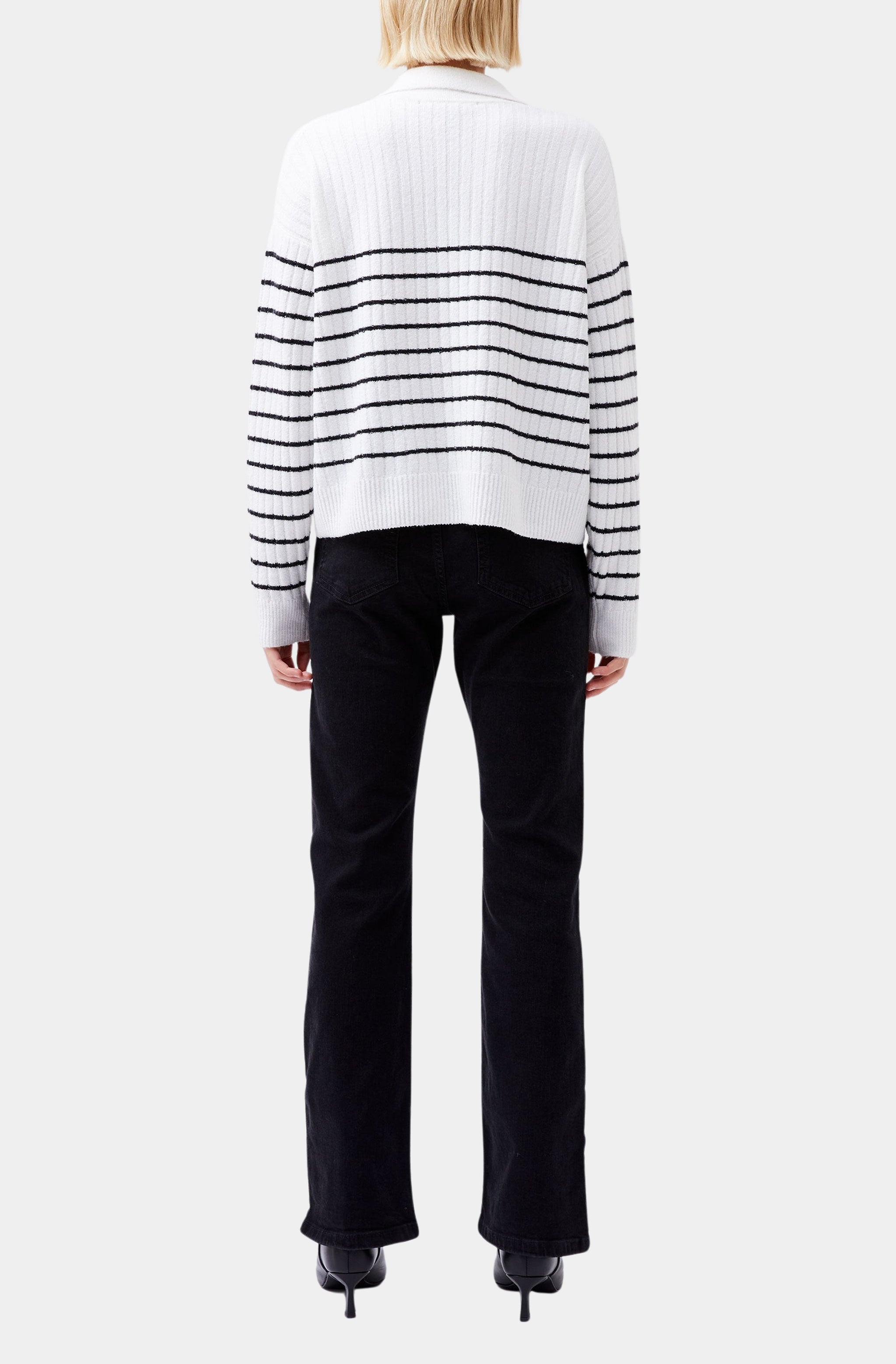 Back view of Vhari striped sweater with collar