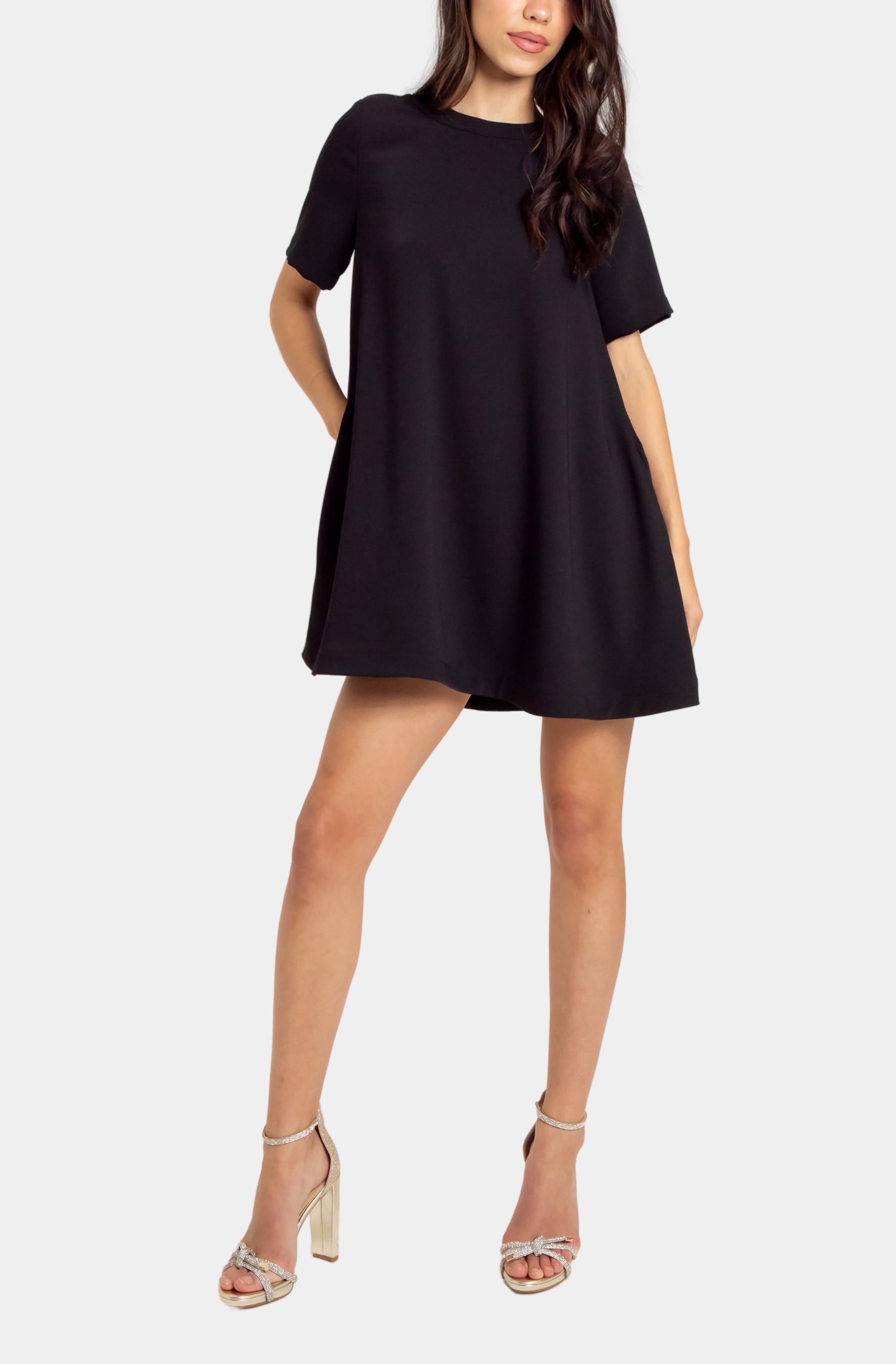 Teagan Mini Dress in black, front view, short sleeves