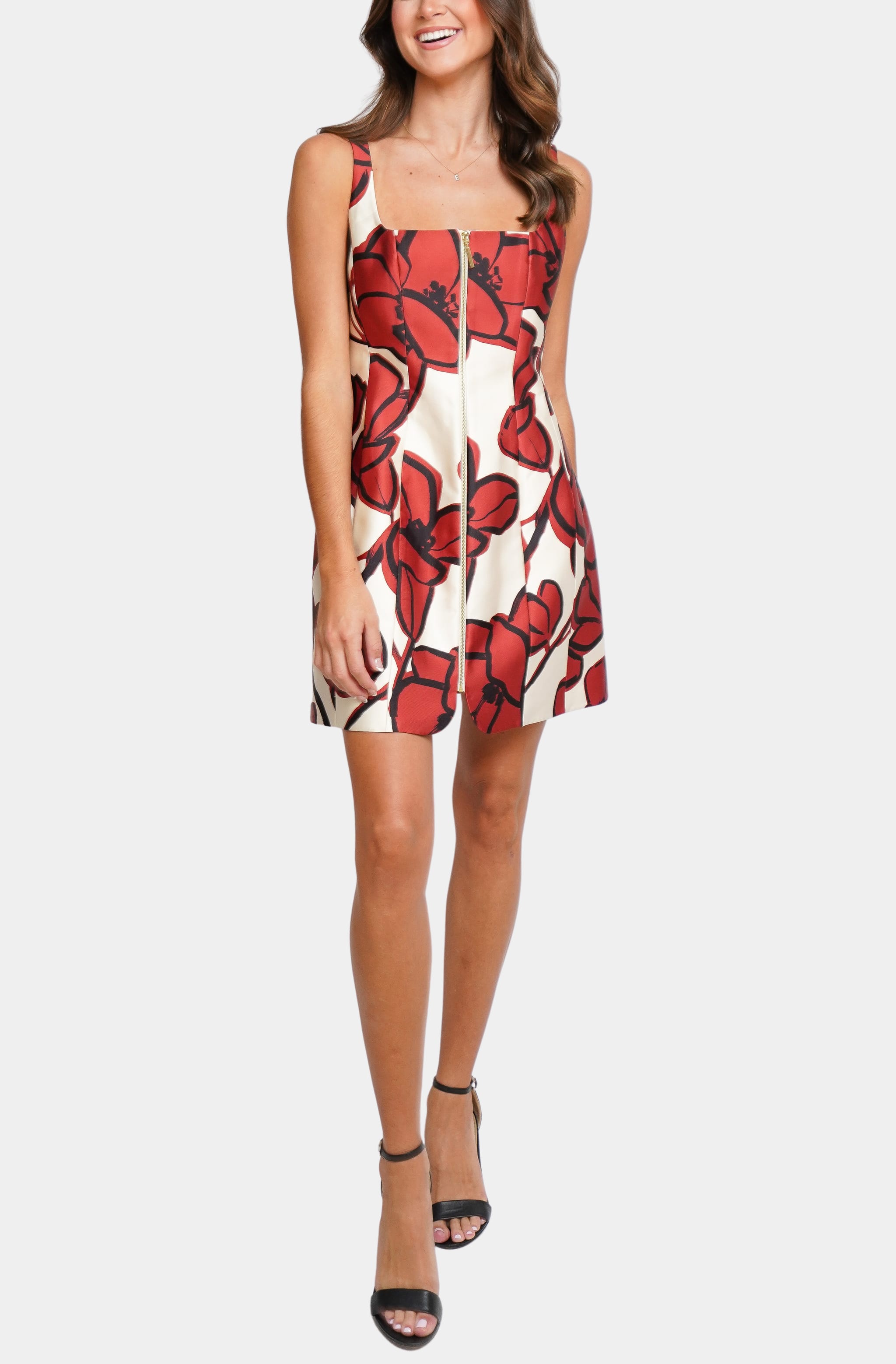 Claire Short Dress with bold floral pattern, front view