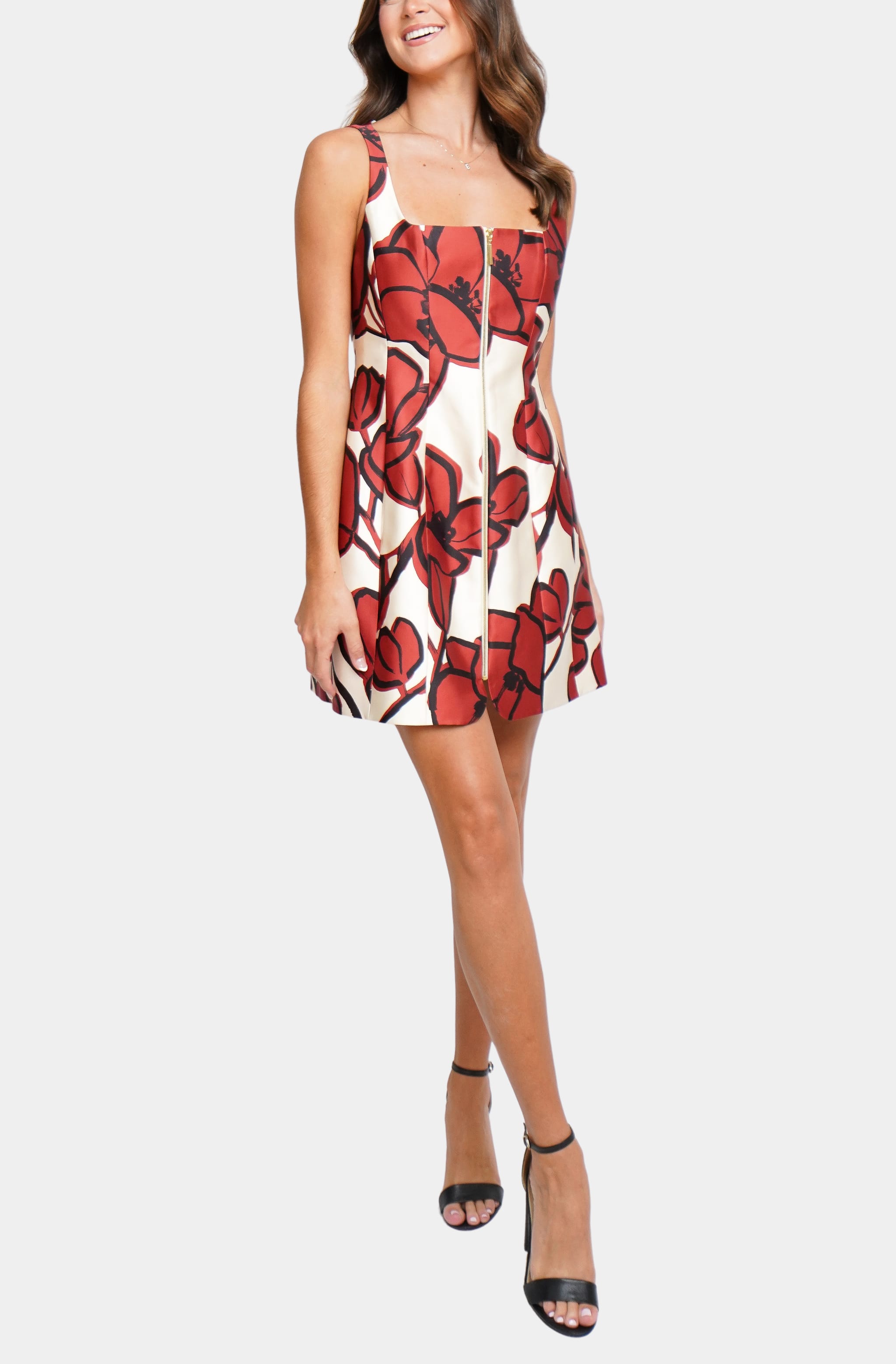 Claire Short Dress with bold floral pattern, front view