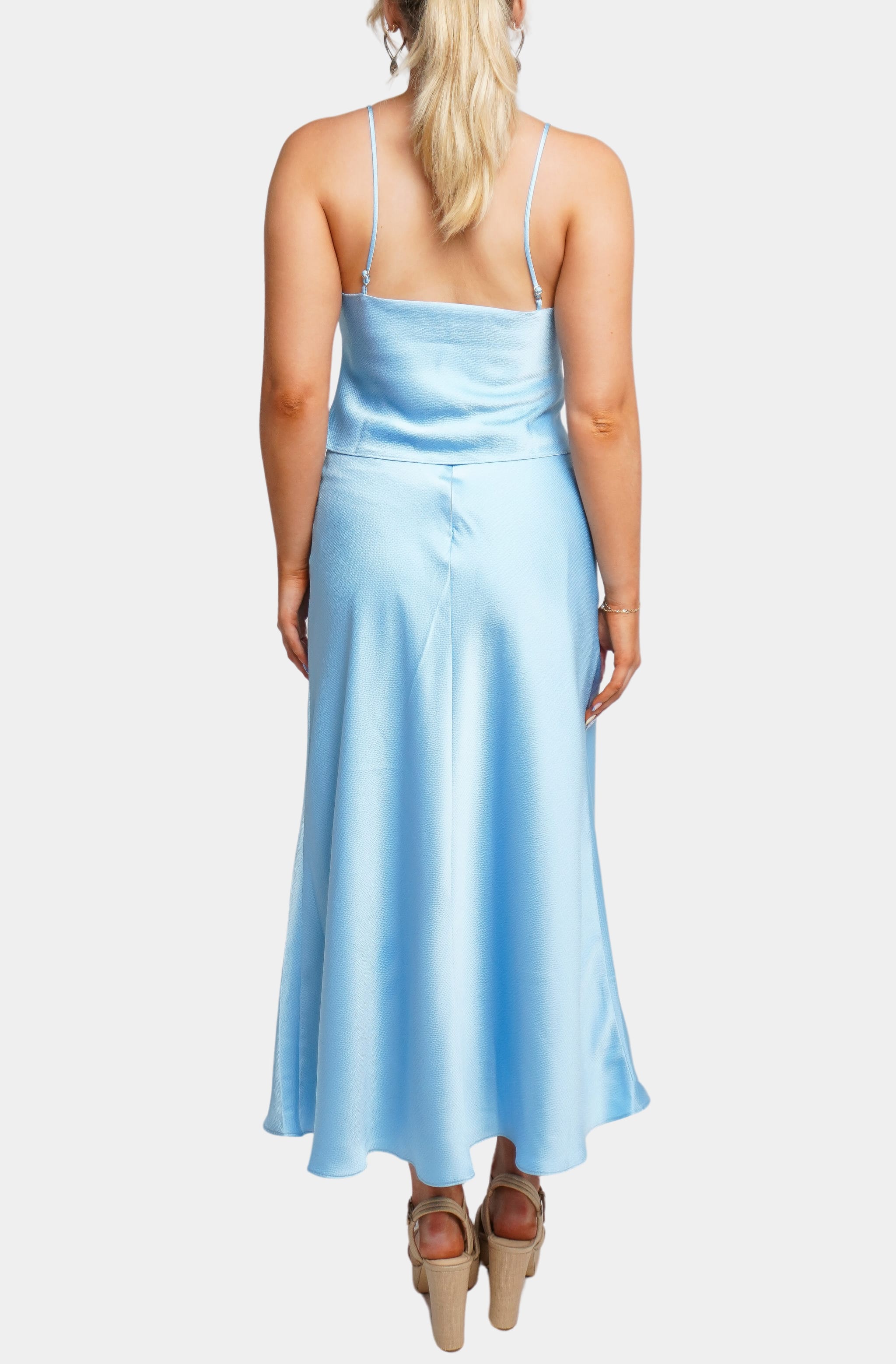 Blue Ava Top with matching skirt, back view