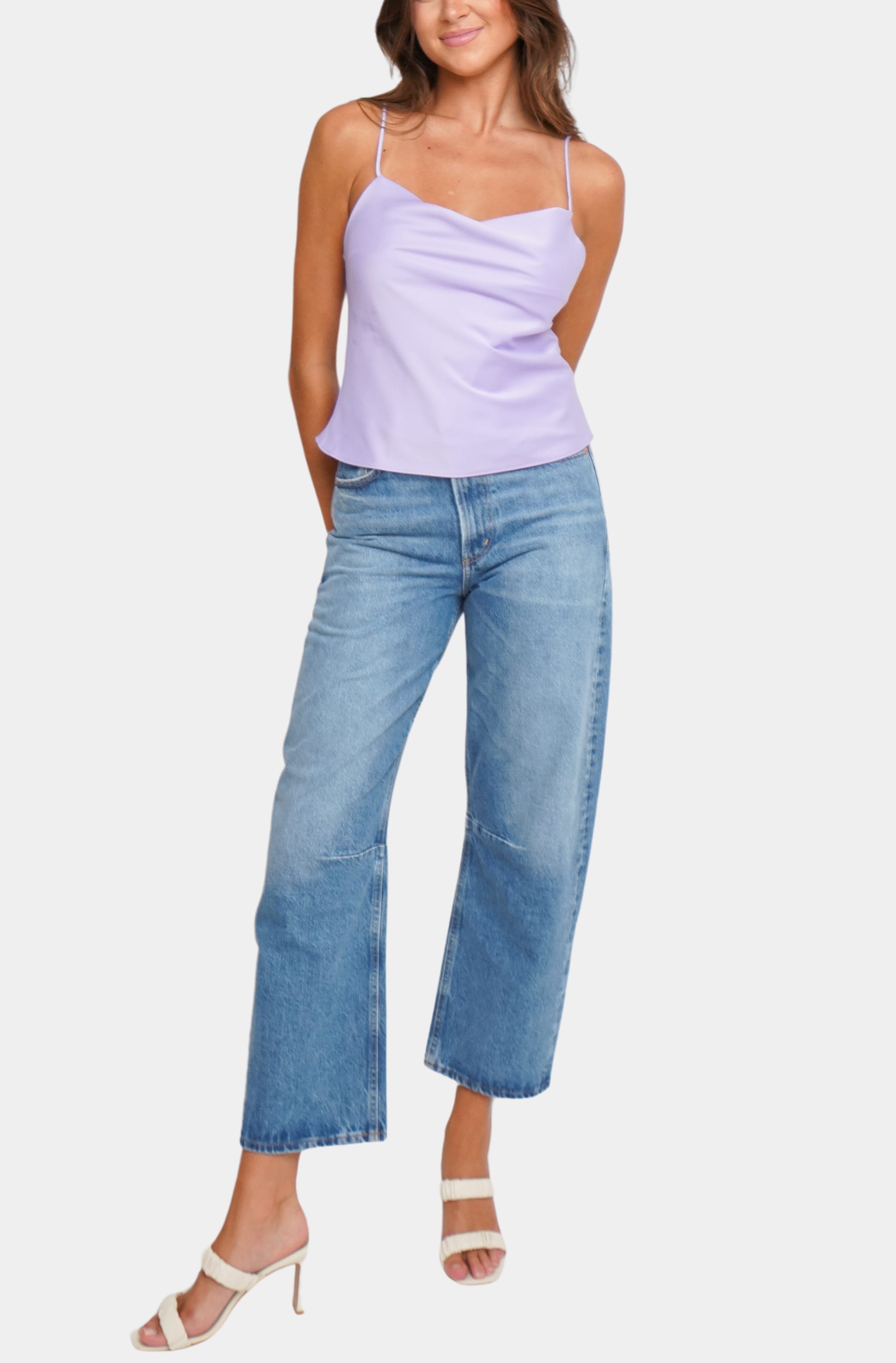 Lavender Ava Top with jeans, front view