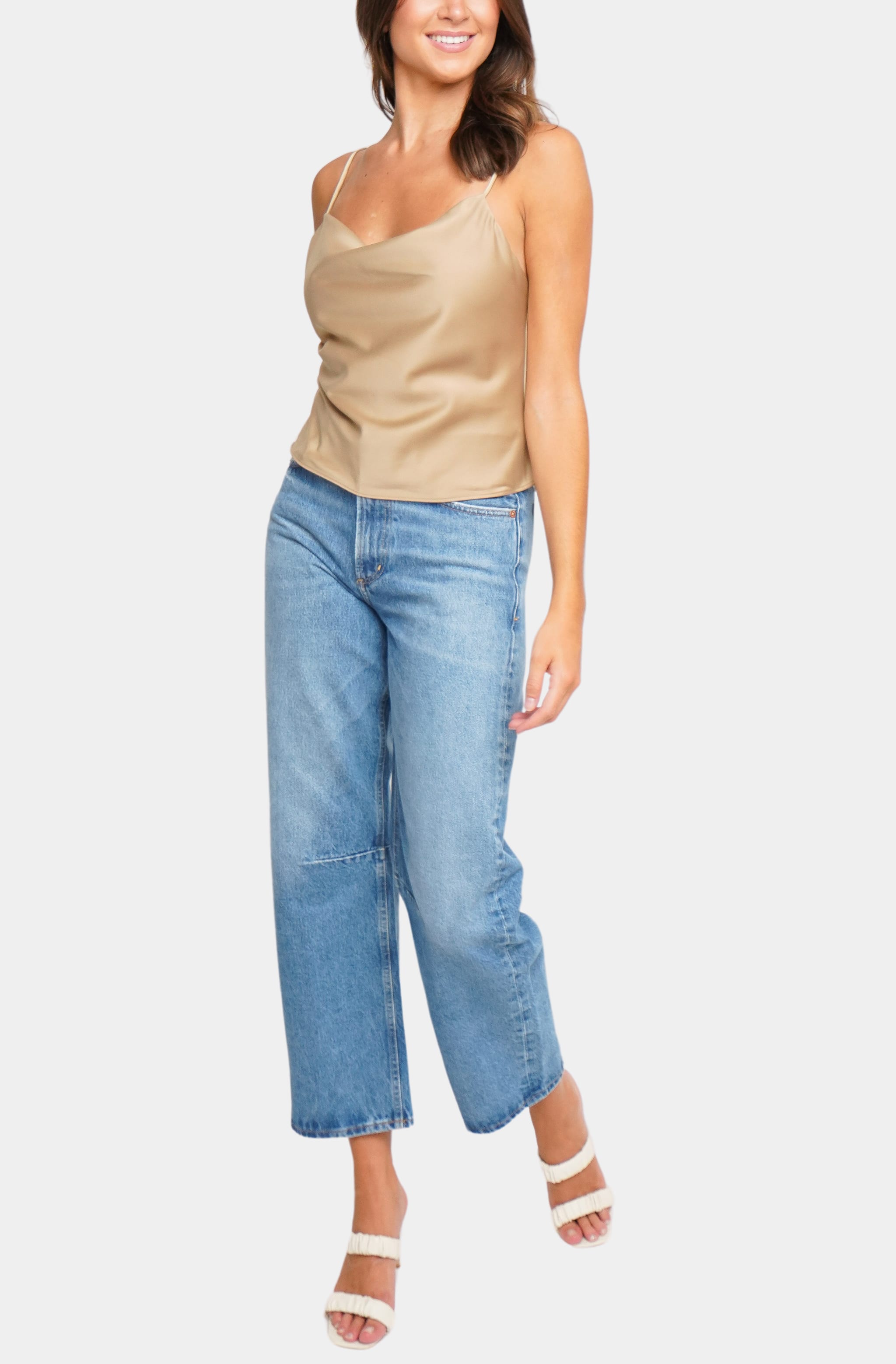 Beige Ava Top with jeans, angled view