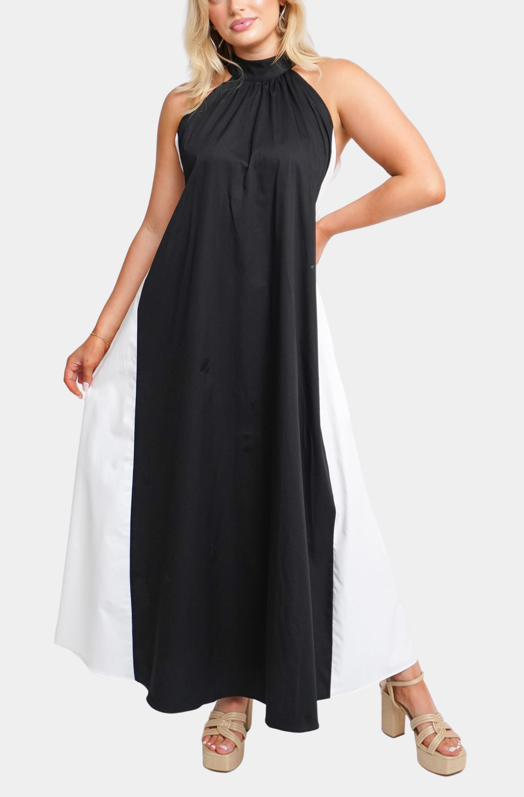 Hazel Midi Dress, side view with black and white design