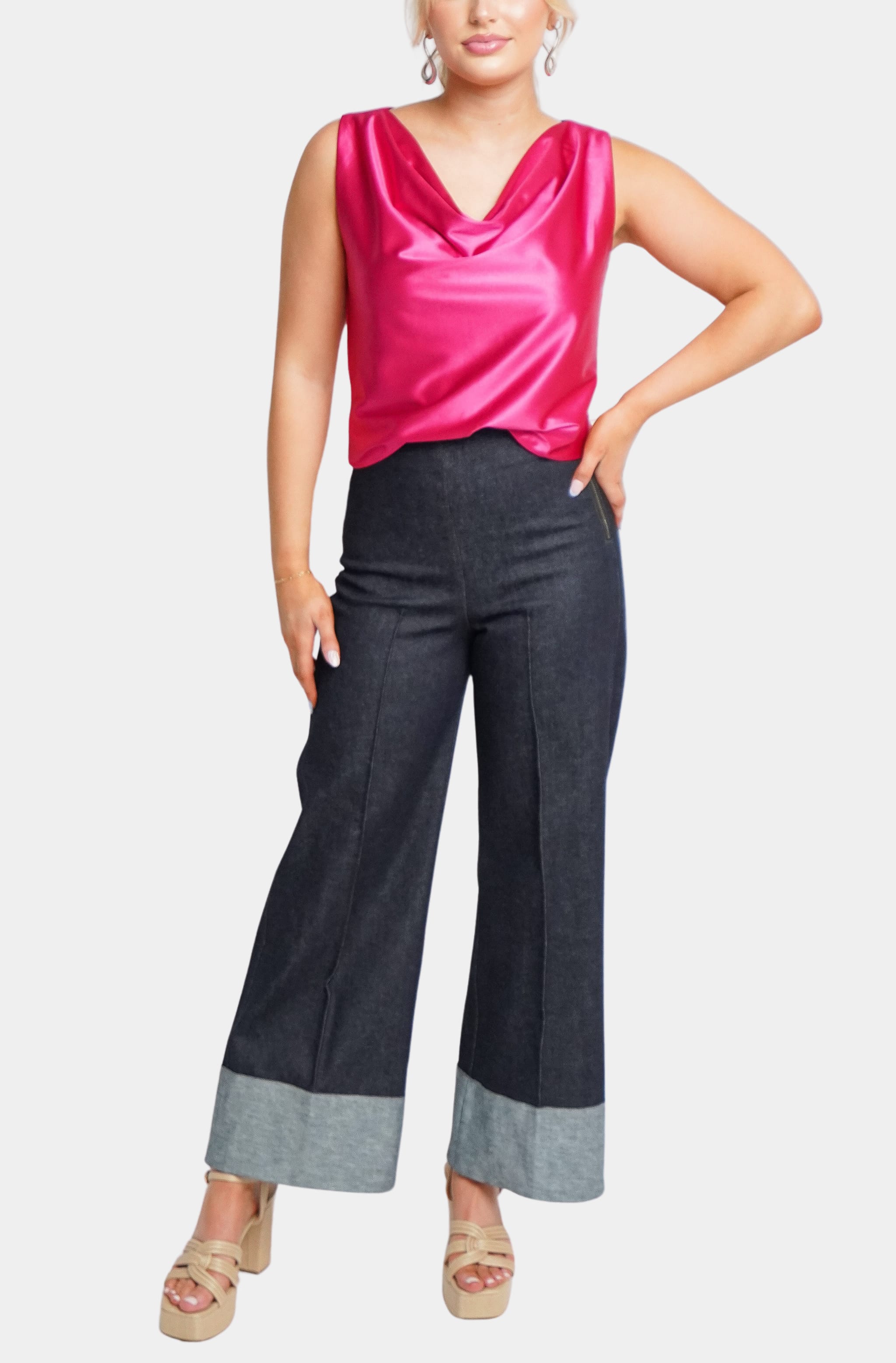 Pink satin Isle Top with wide-leg denim pants