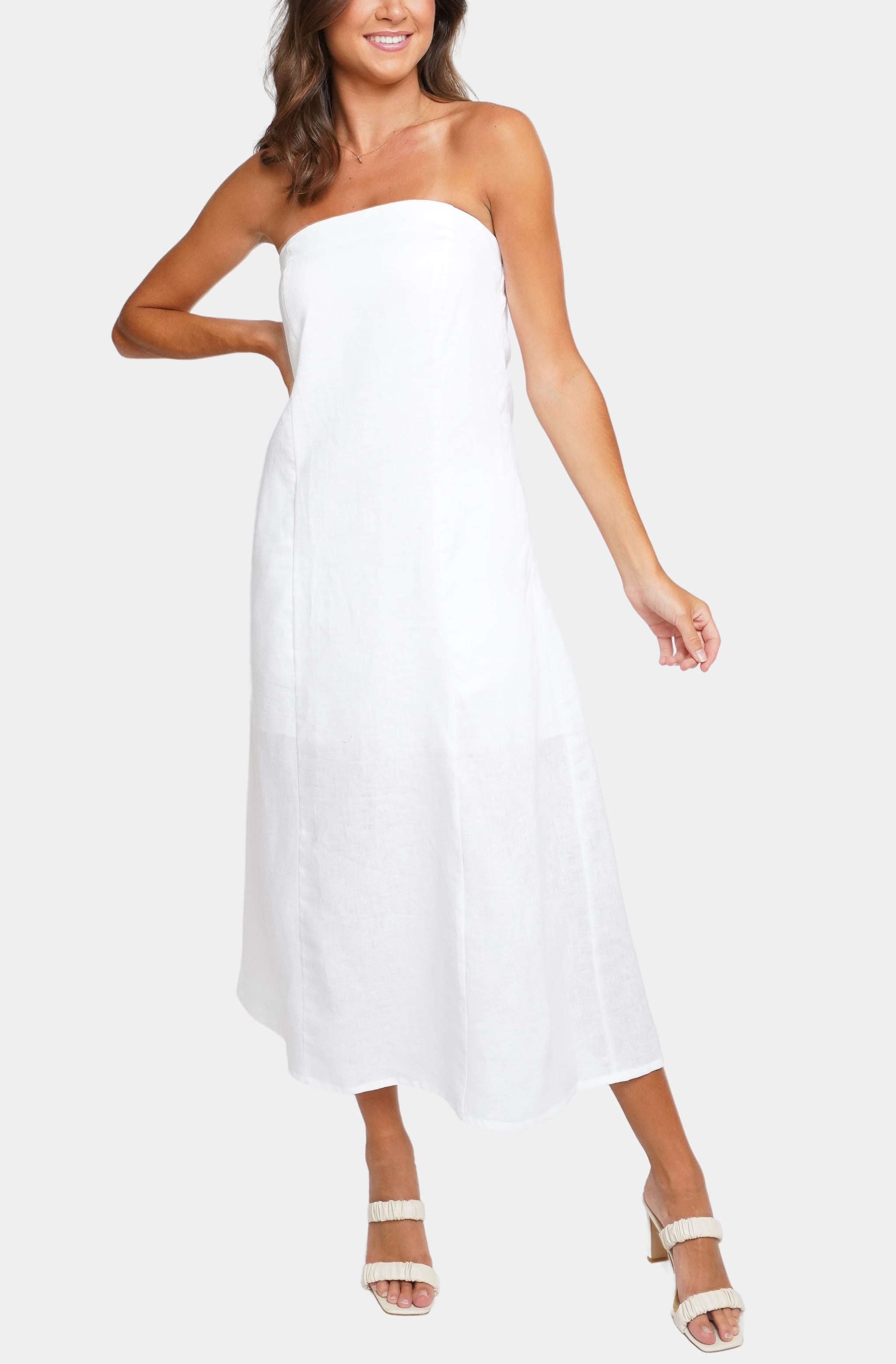 White strapless Macy Midi Dress side pose