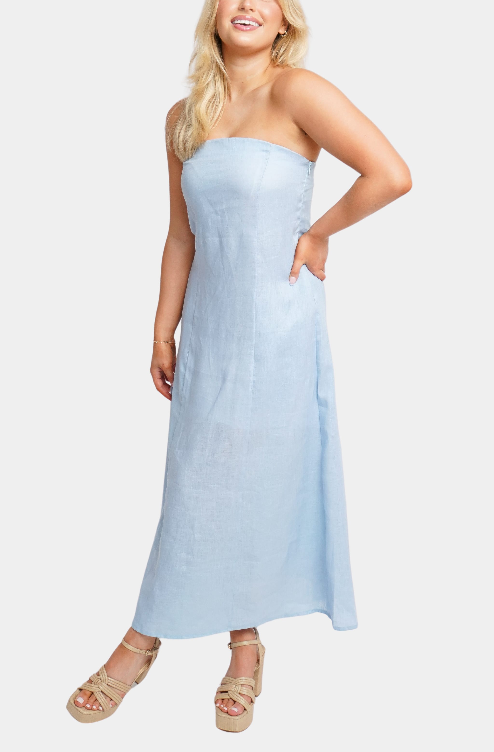 Light blue strapless Macy Midi Dress side pose