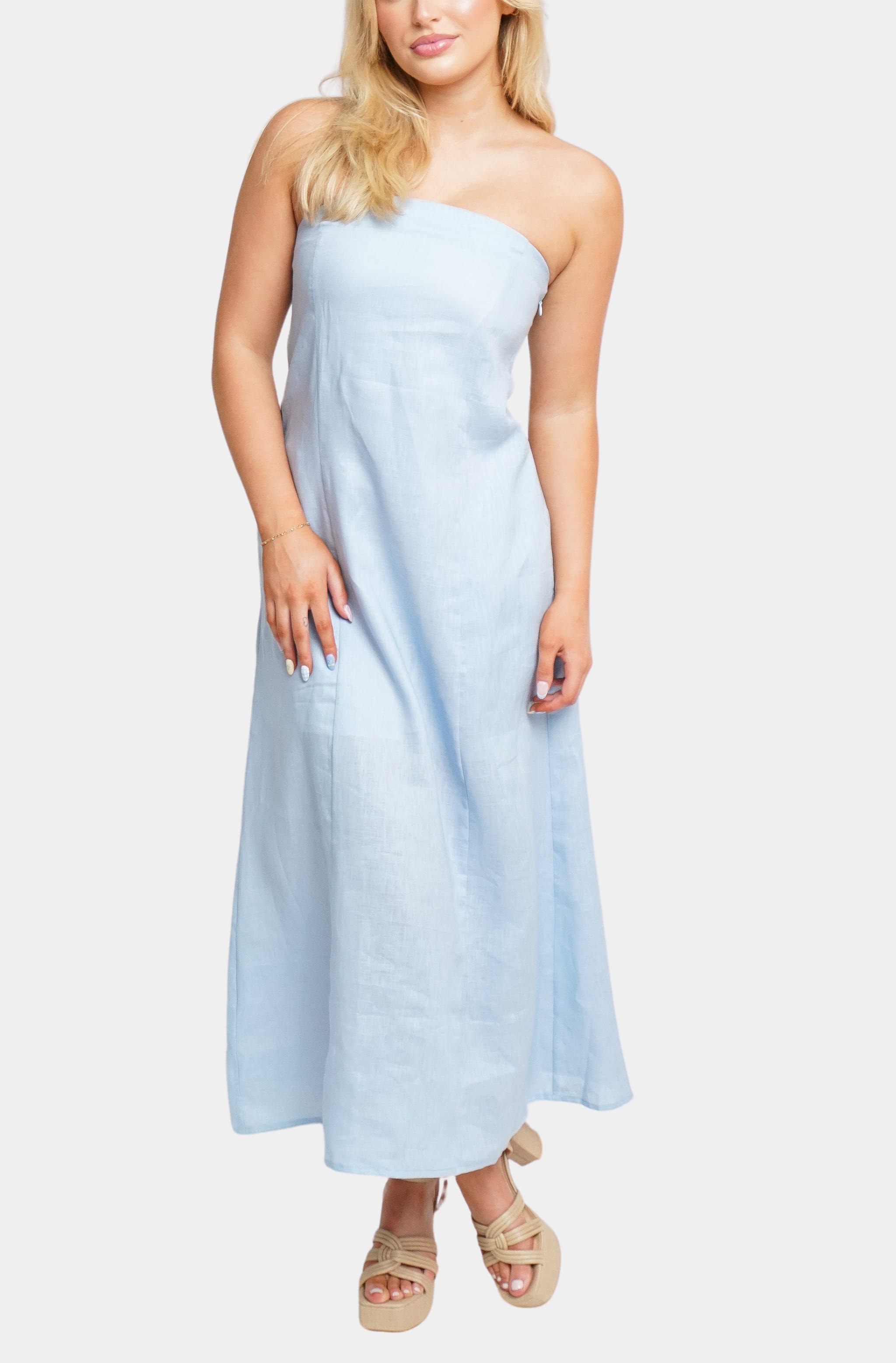 Light blue strapless Macy Midi Dress front view