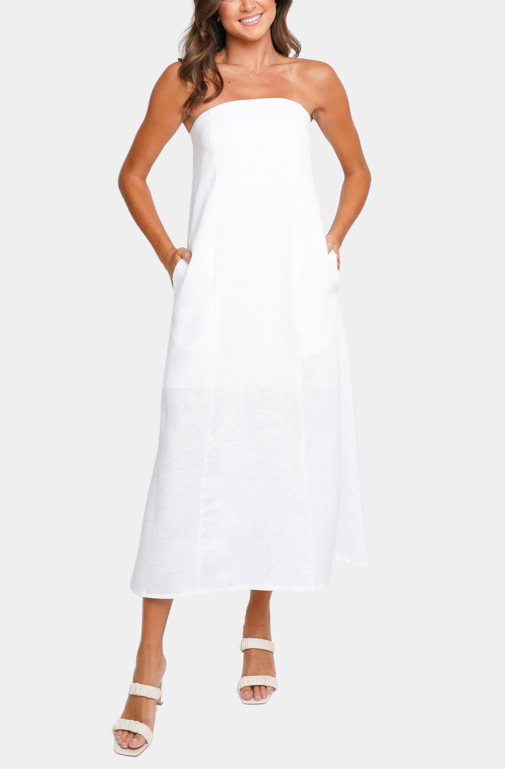 White strapless Macy Midi Dress with pockets
