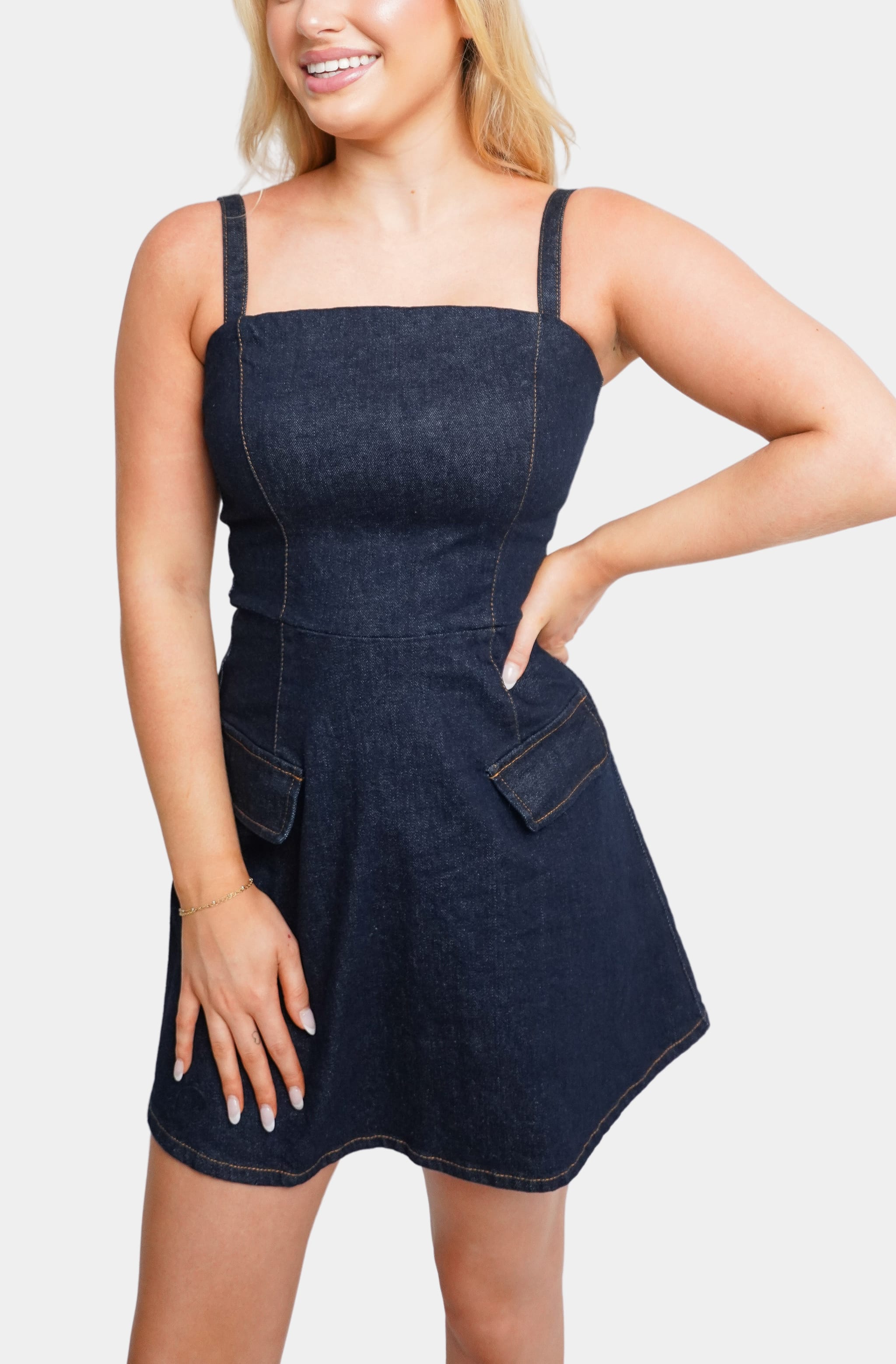 Close-up of Lee Ann Denim Dress highlighting pocket details