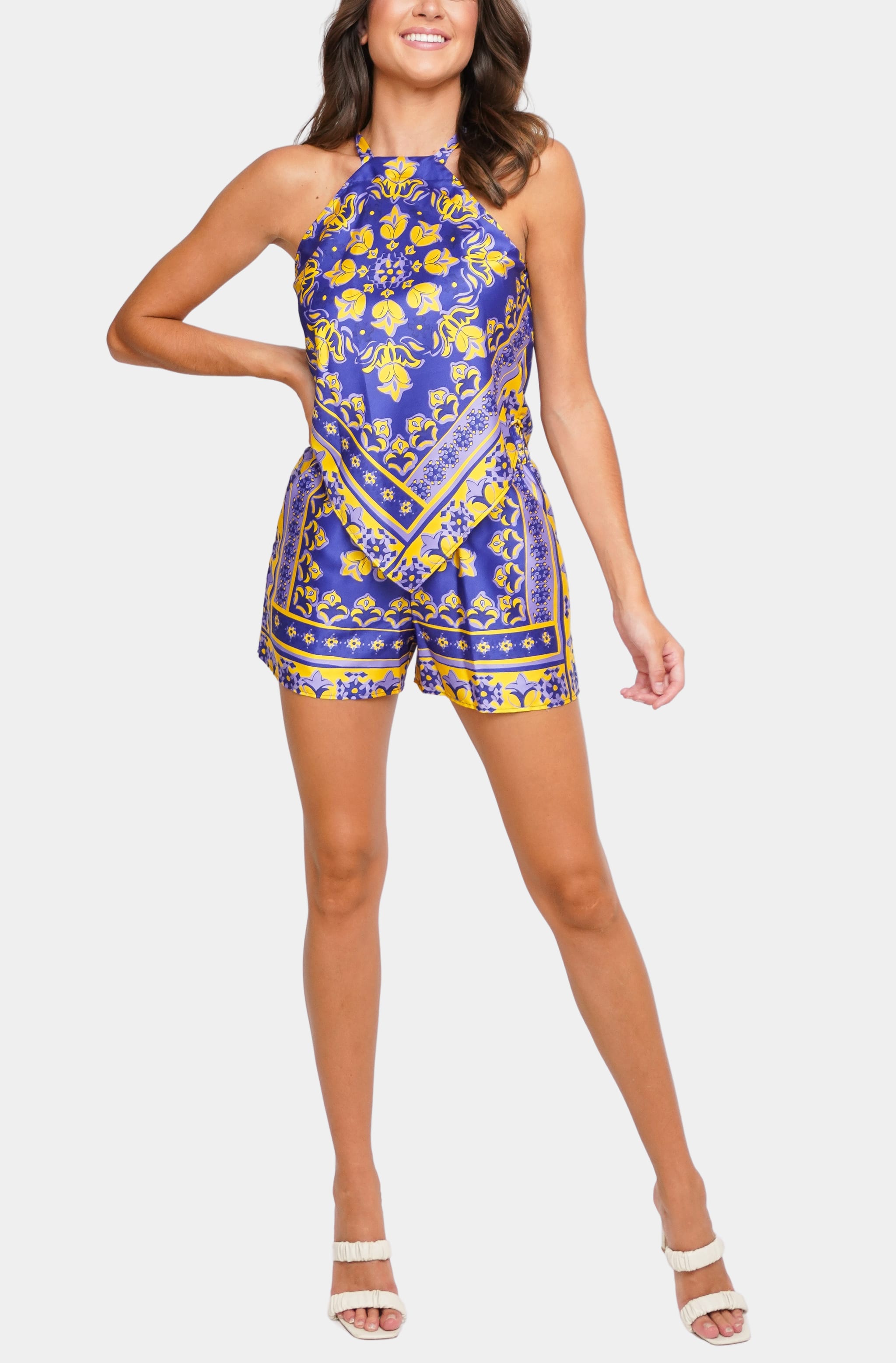 Hemline Exclusive Helen Shorts in blue and yellow floral pattern