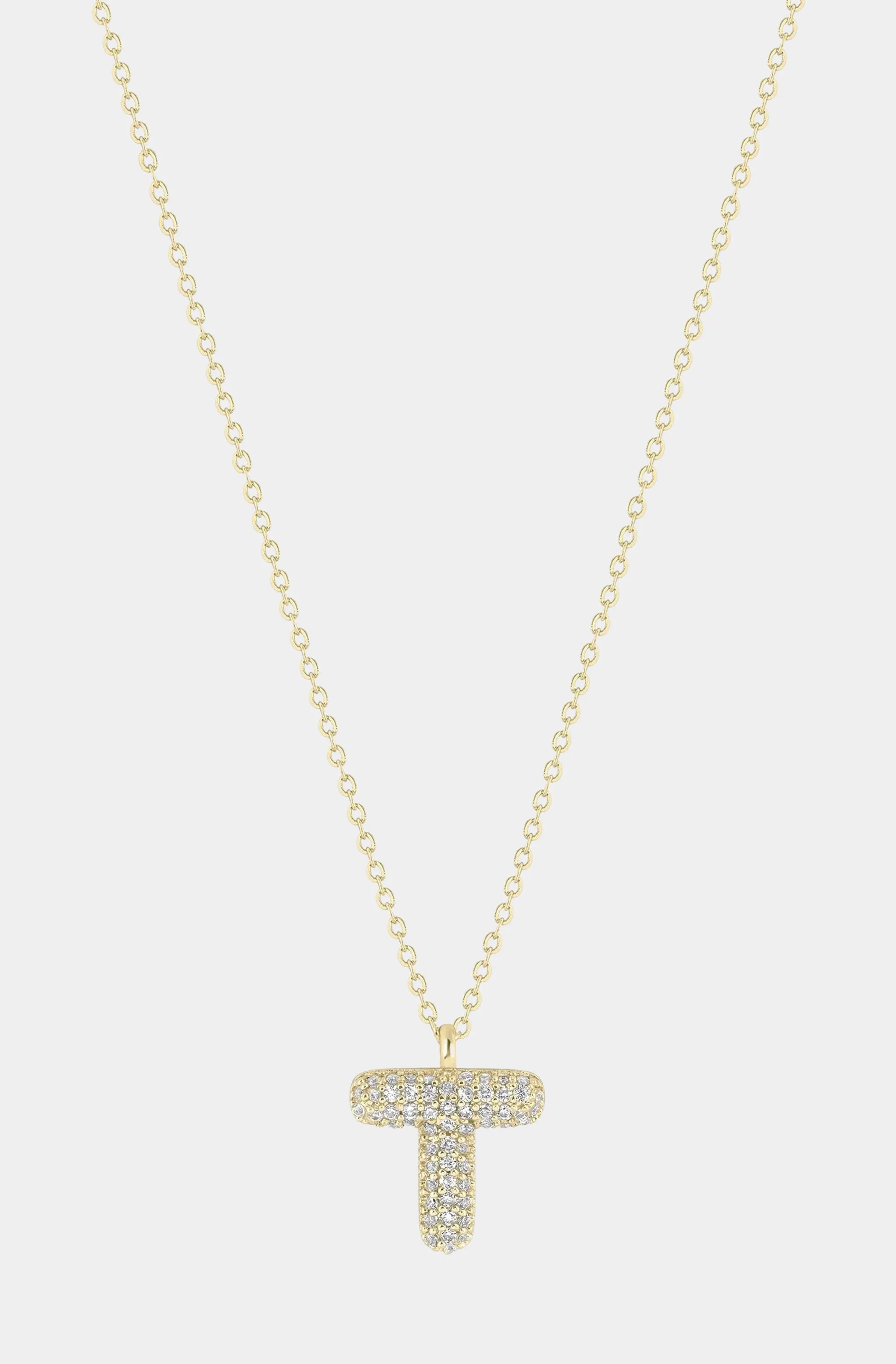 Bubble Letter Necklace T in gold with sparkling stones