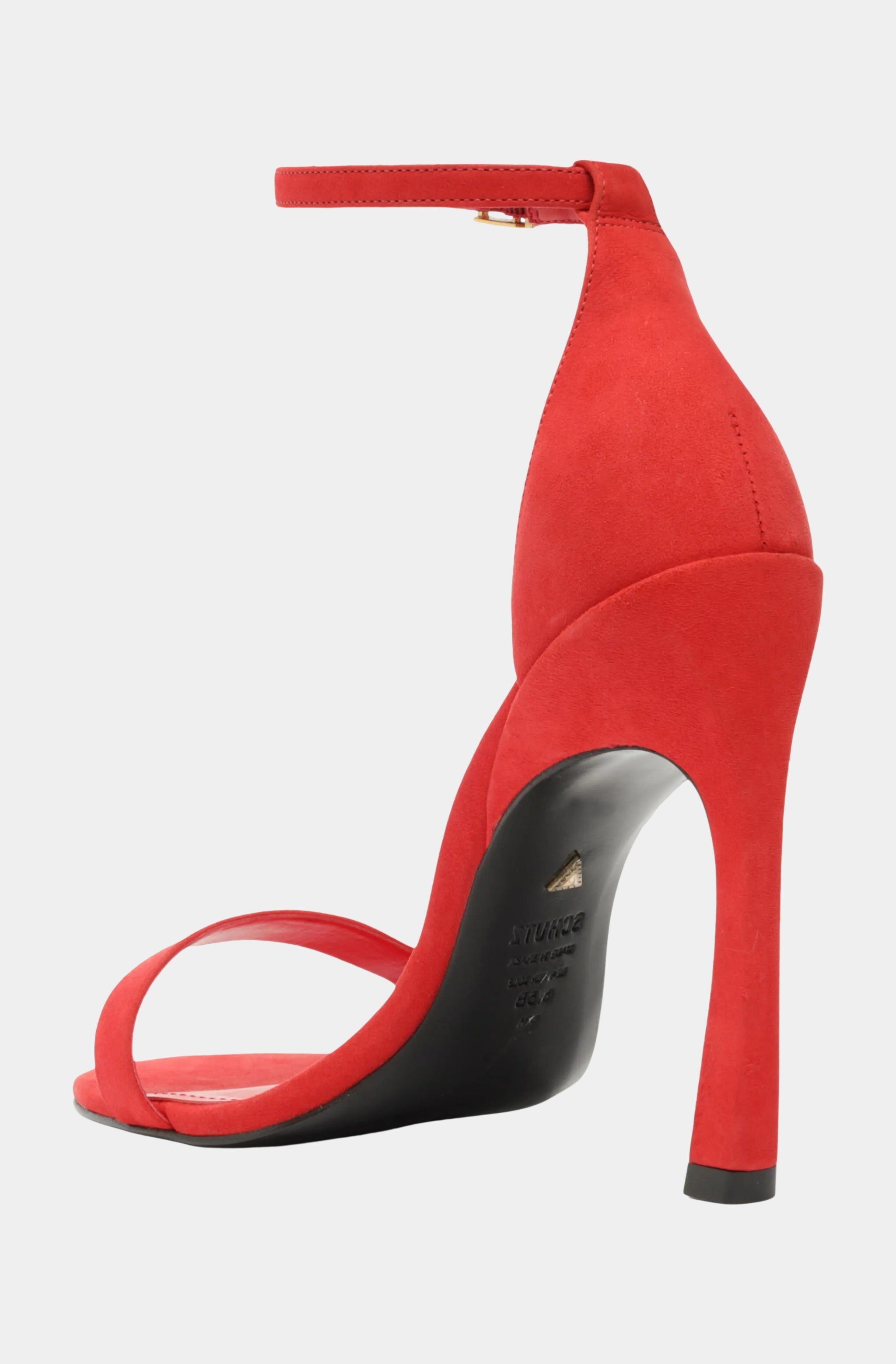 Back view of red Cadey Lee Curve Sandal with high stiletto heel.
