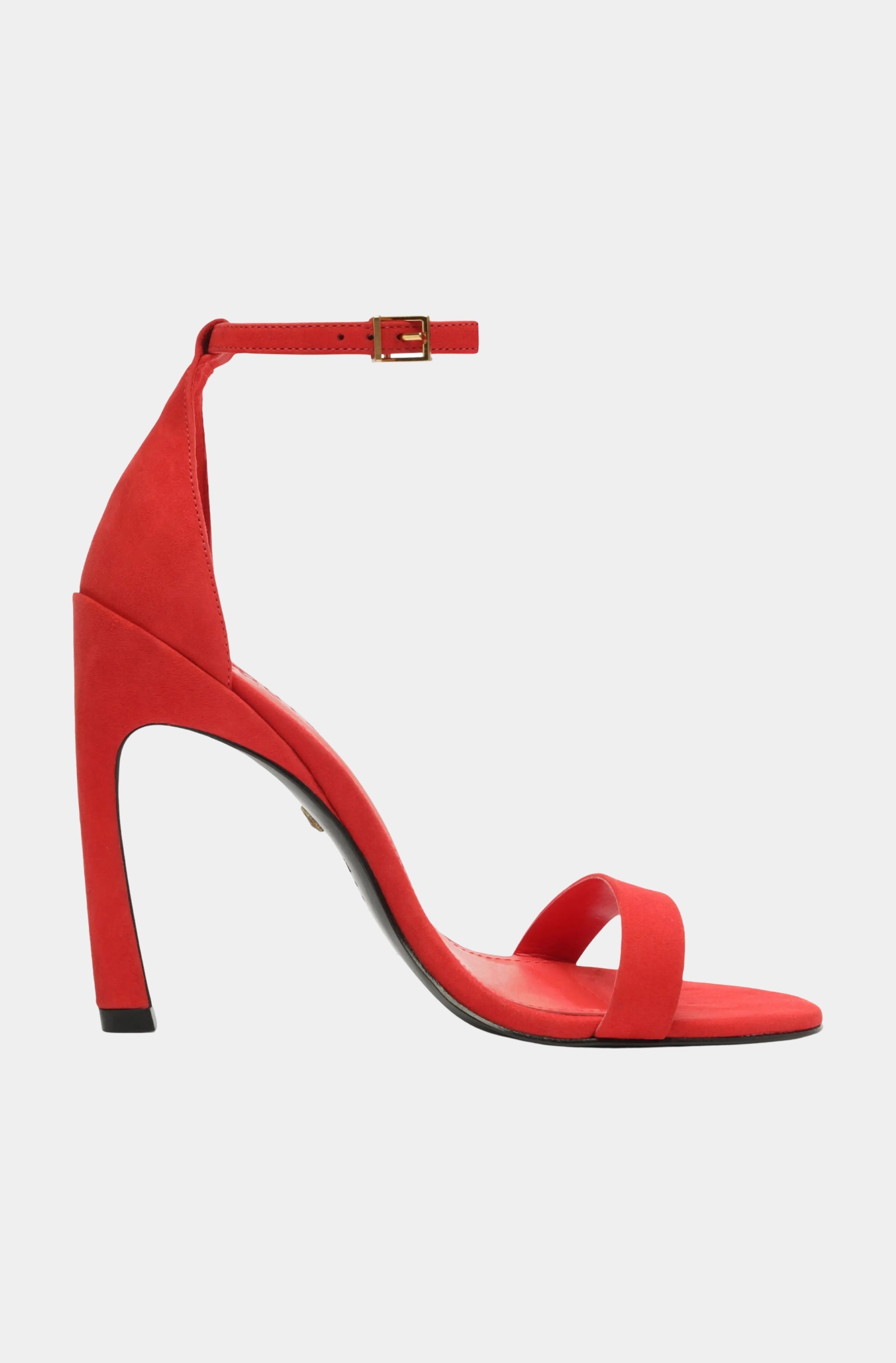 Side view of red Cadey Lee Curve Sandal with ankle strap.
