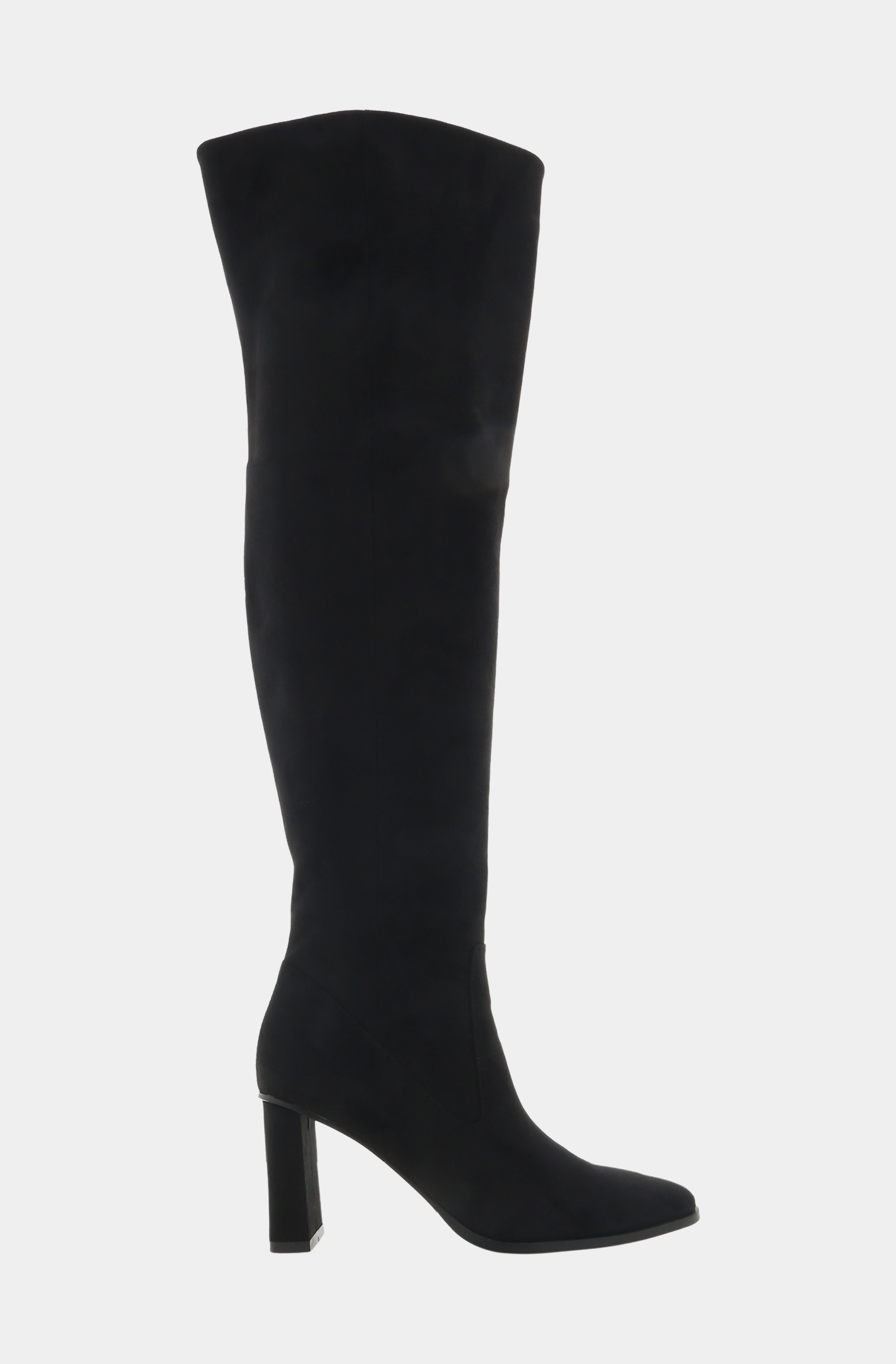 Side view of black suede Tova Boot, knee-high design