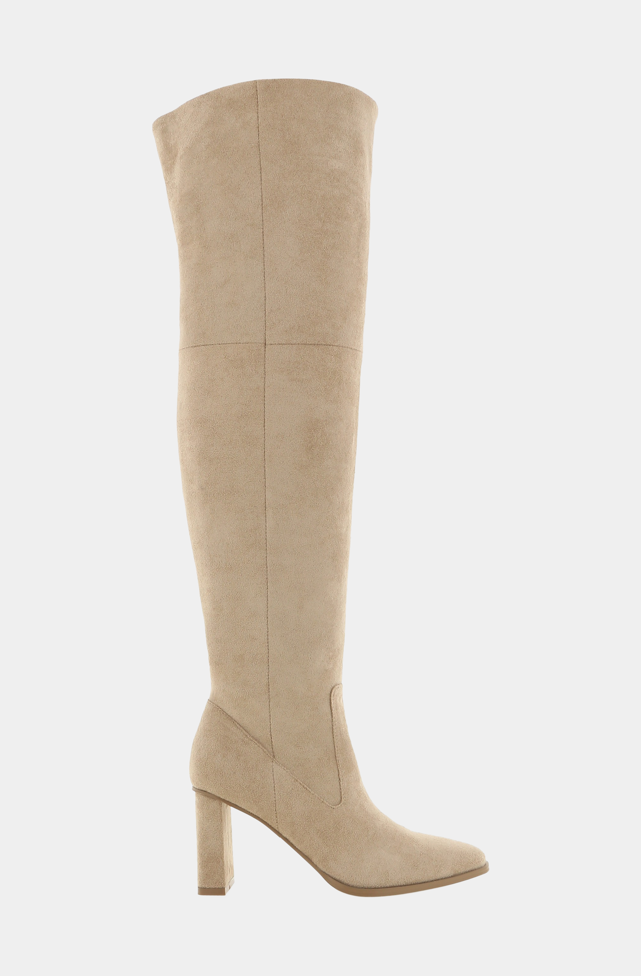 Side view of beige suede Tova Boot, knee-high design