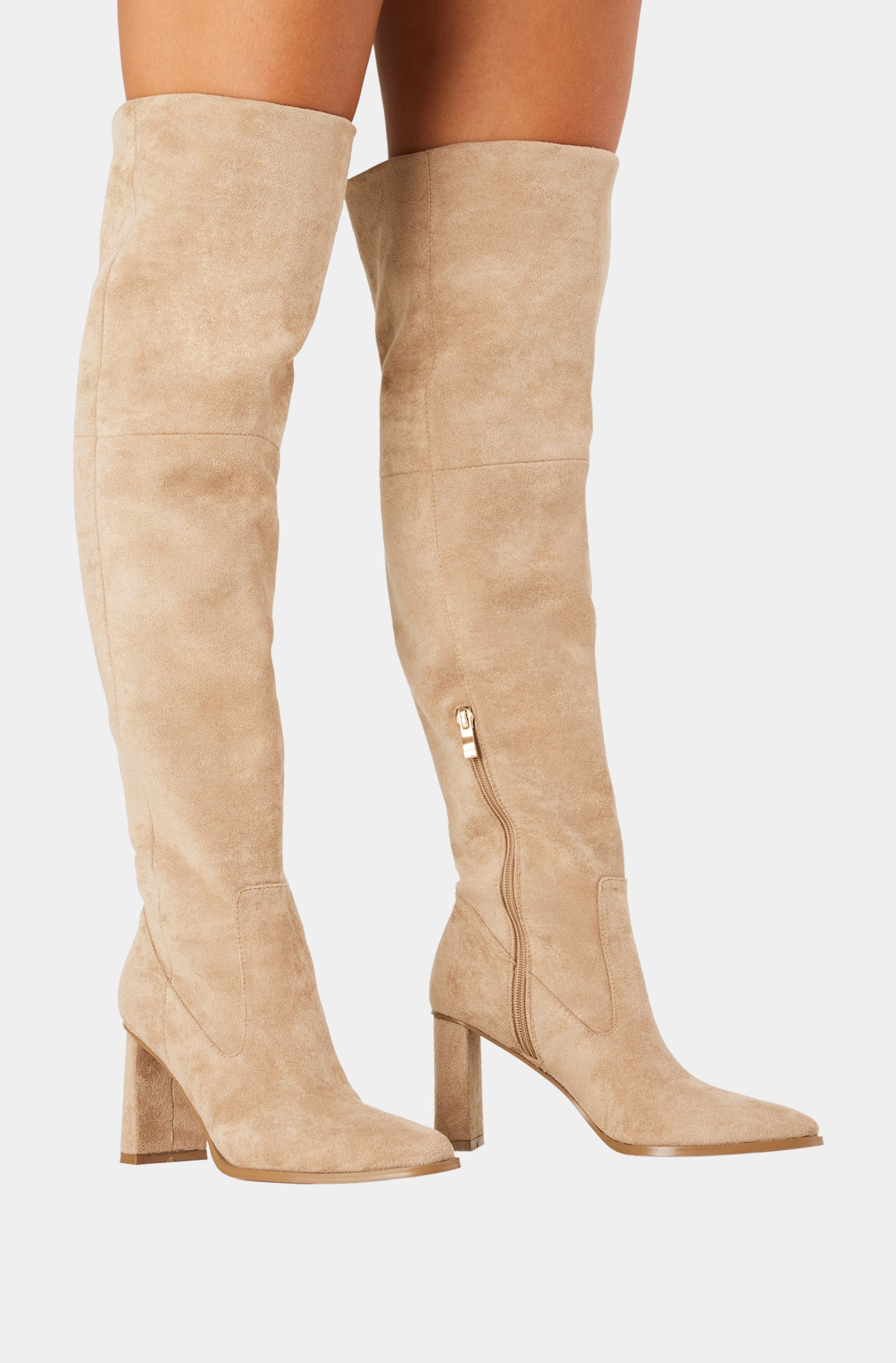 Worn beige Tova Boots, knee-high suede, side zipper